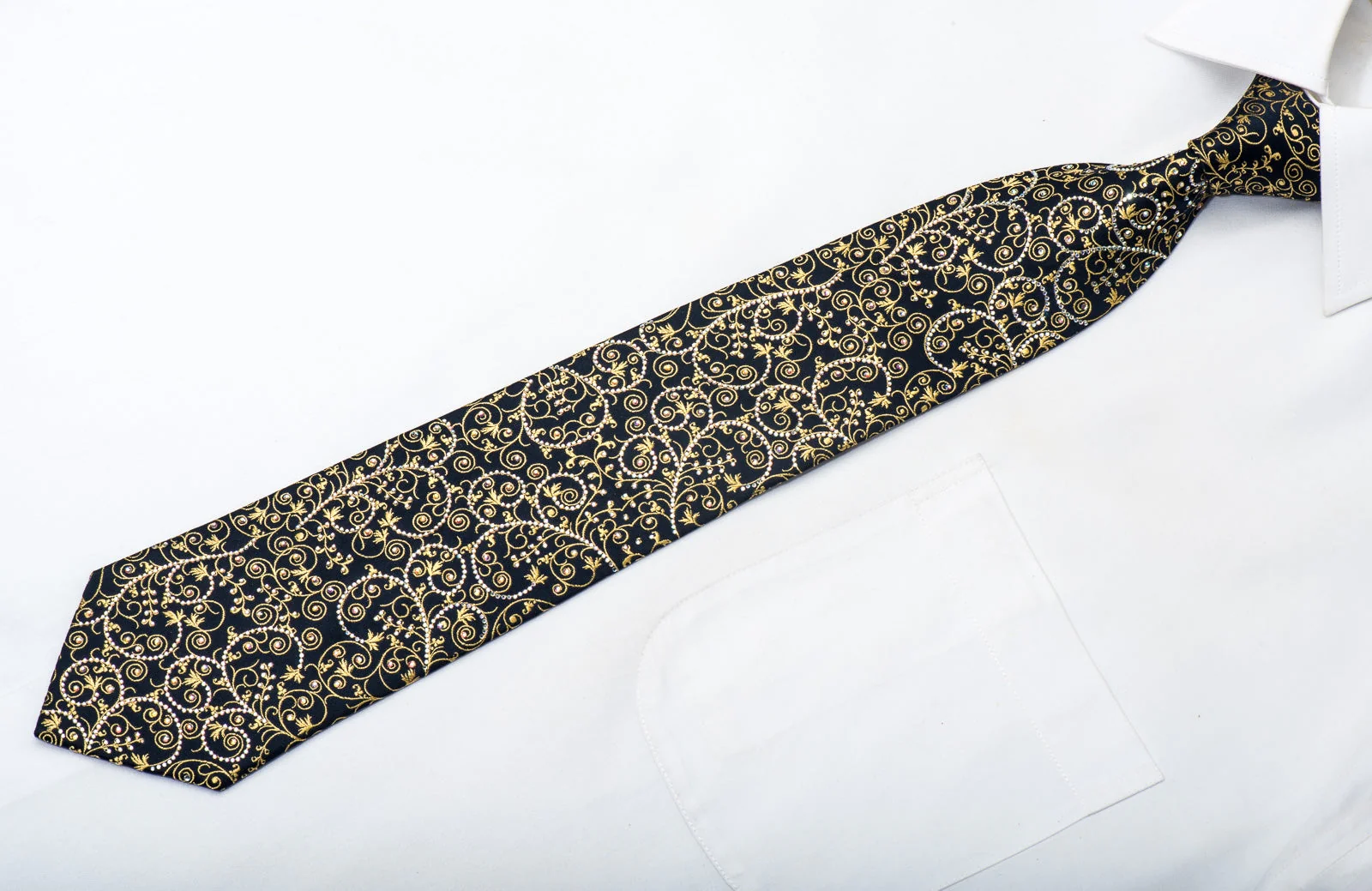 Ungaro Men's Rhinestone Silk Necktie Golden Filigree On Navy With Golden Sparkles - Image 3