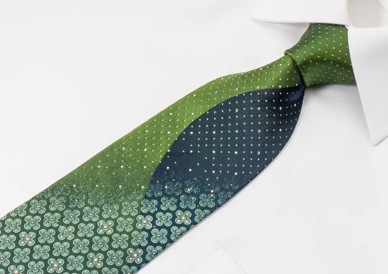 Ungaro Men's Woven Silk Rhinestone Tie Green Foulard Floral Design On Blue With Silver Sparkles