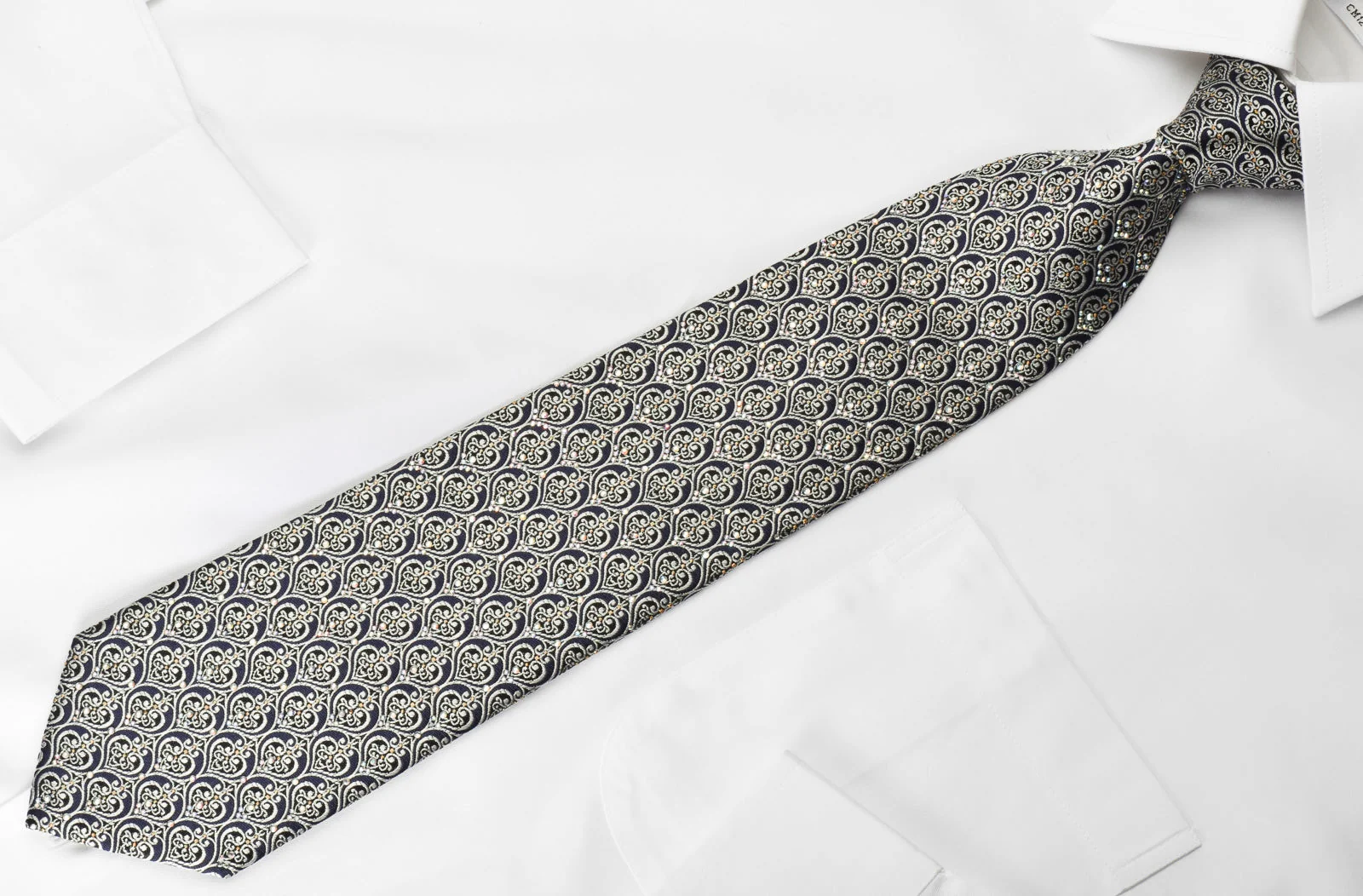 Ungaro Rhinestone Necktie Silver Filigree On Navy With Gold Sparkles - Image 3