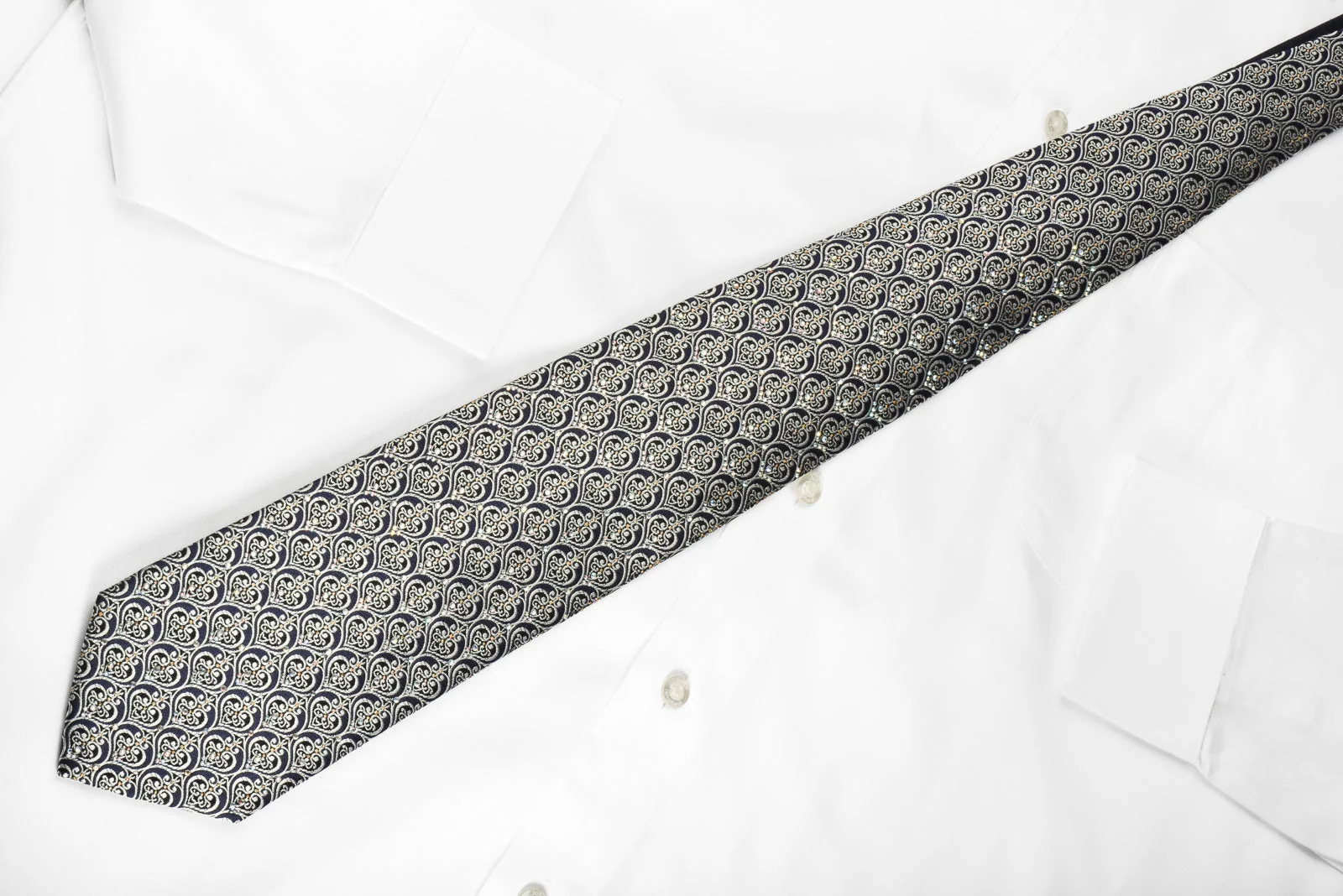 Ungaro Rhinestone Necktie Silver Filigree On Navy With Gold Sparkles - Image 4