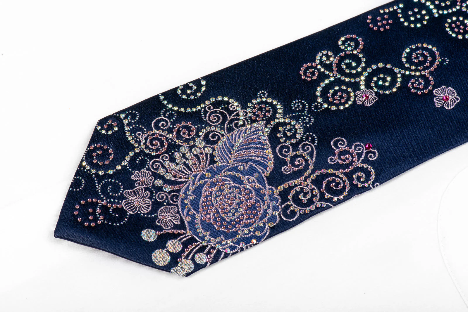 Ungaro Rhinestone Neckties Pink Floral On Navy - Image 3