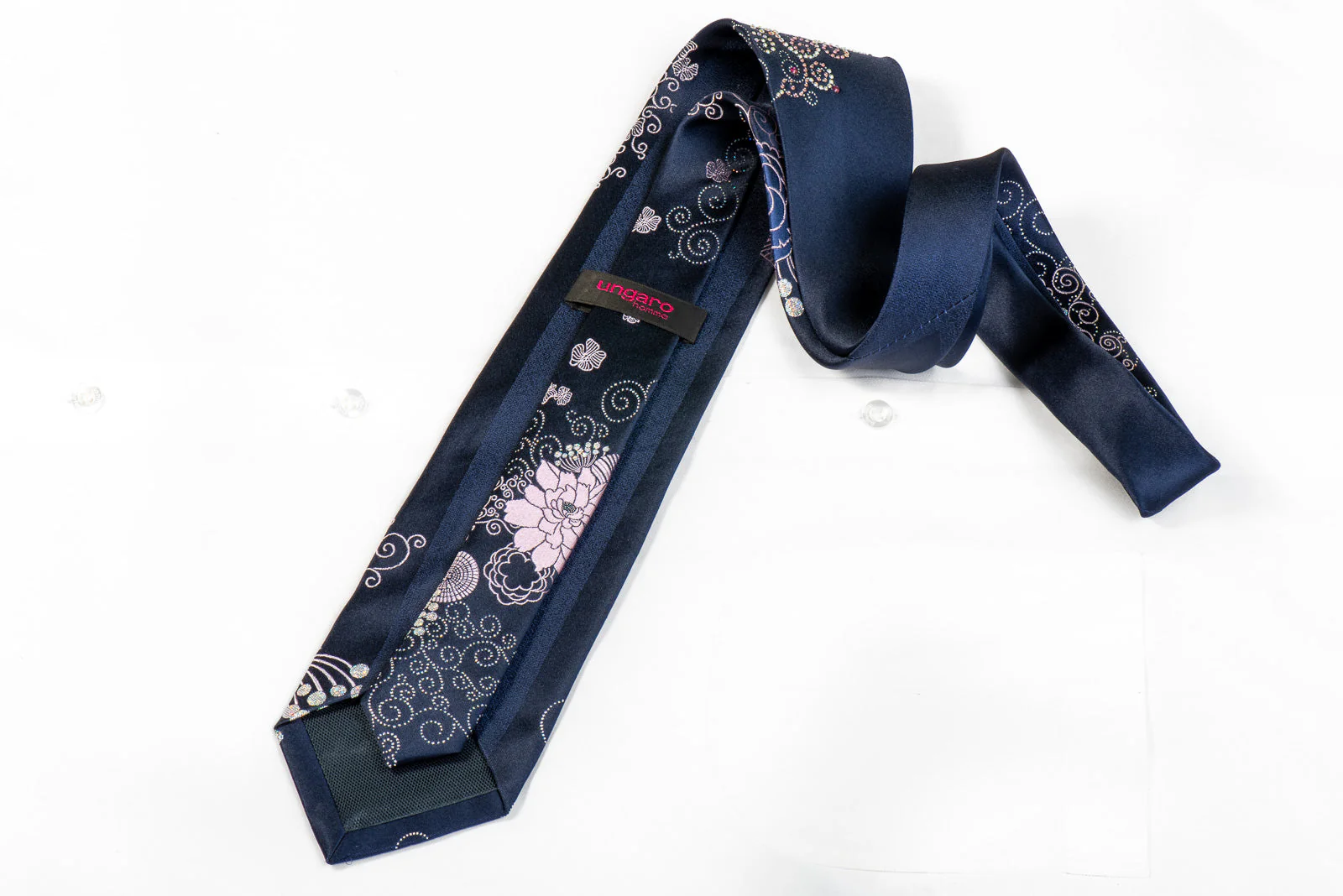 Ungaro Rhinestone Neckties Pink Floral On Navy - Image 5
