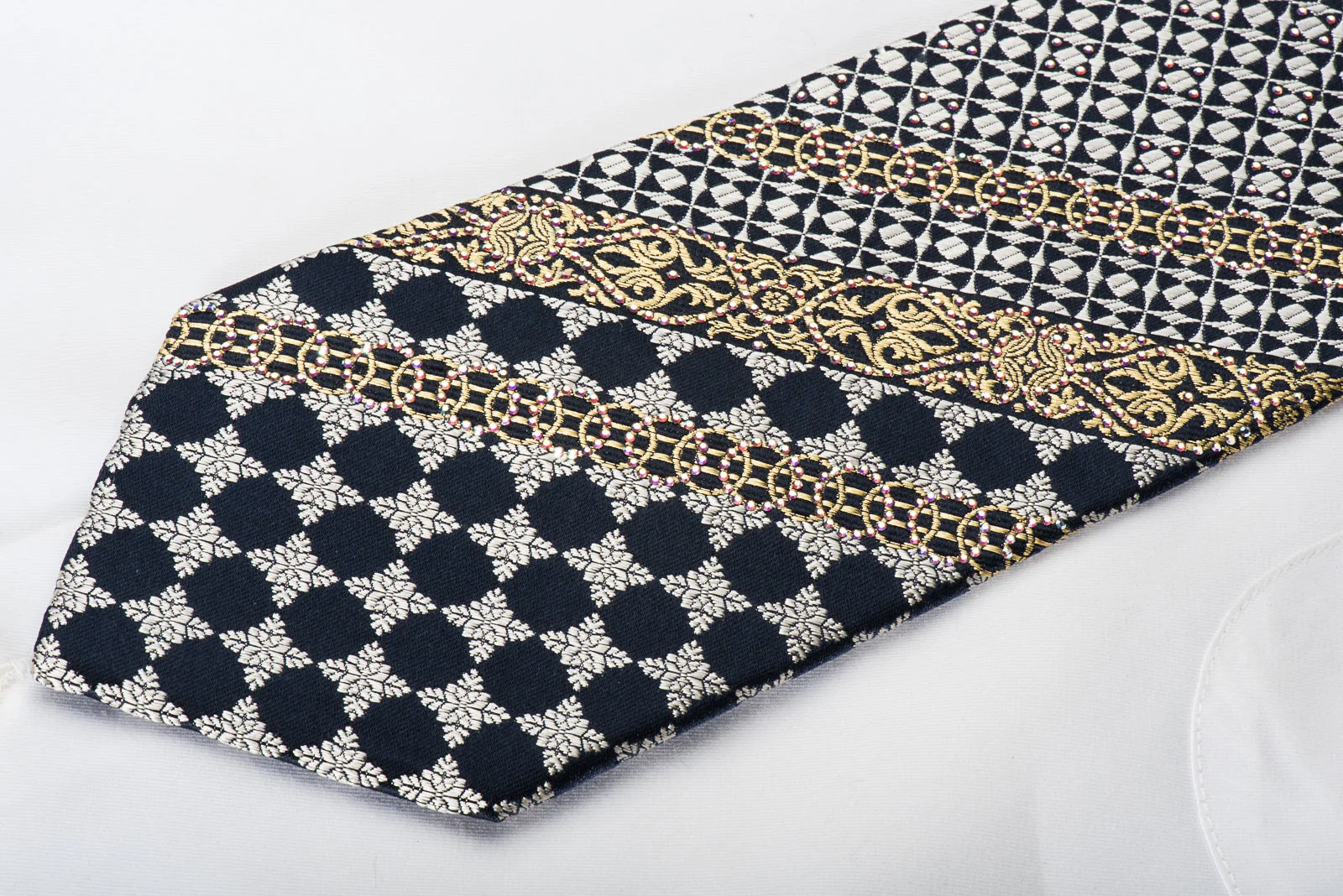 Ungaro Rhinestone Silk Necktie Gold Silver Cartouche On Navy With Gold Silver Sparkles - Image 3