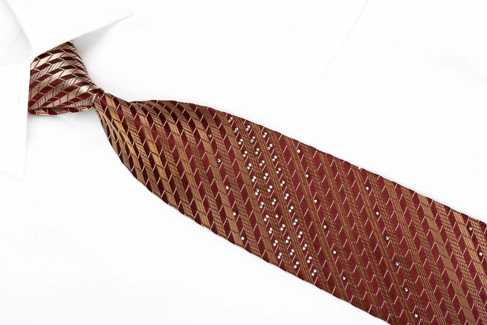 Vacci Men's Crystal Silk Tie Brown Striped On Burgundy With Sparkles - Image 2