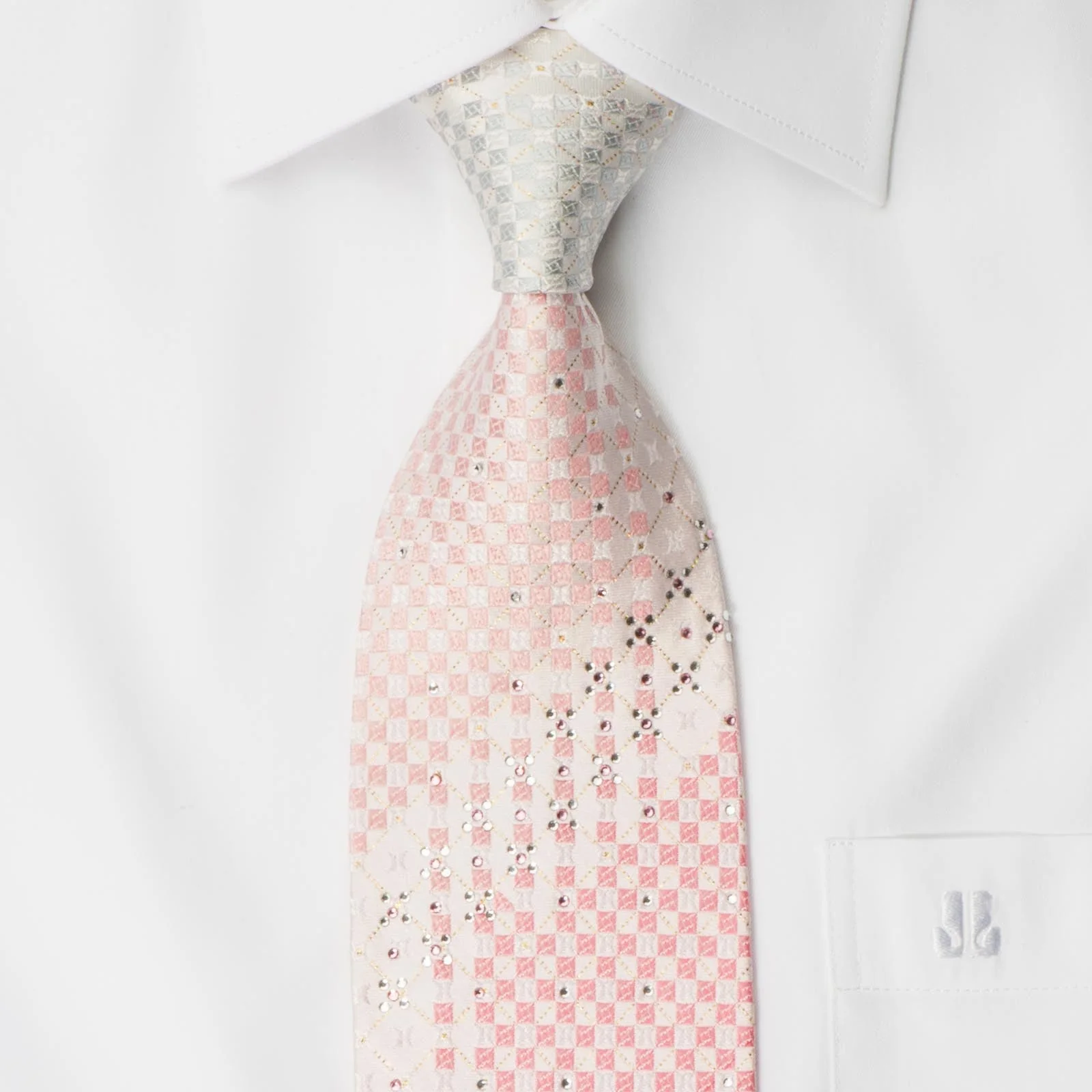 Vacci Mens Silk Rhinestone Necktie Checker On Pink With Silver Sparkles - Image 2