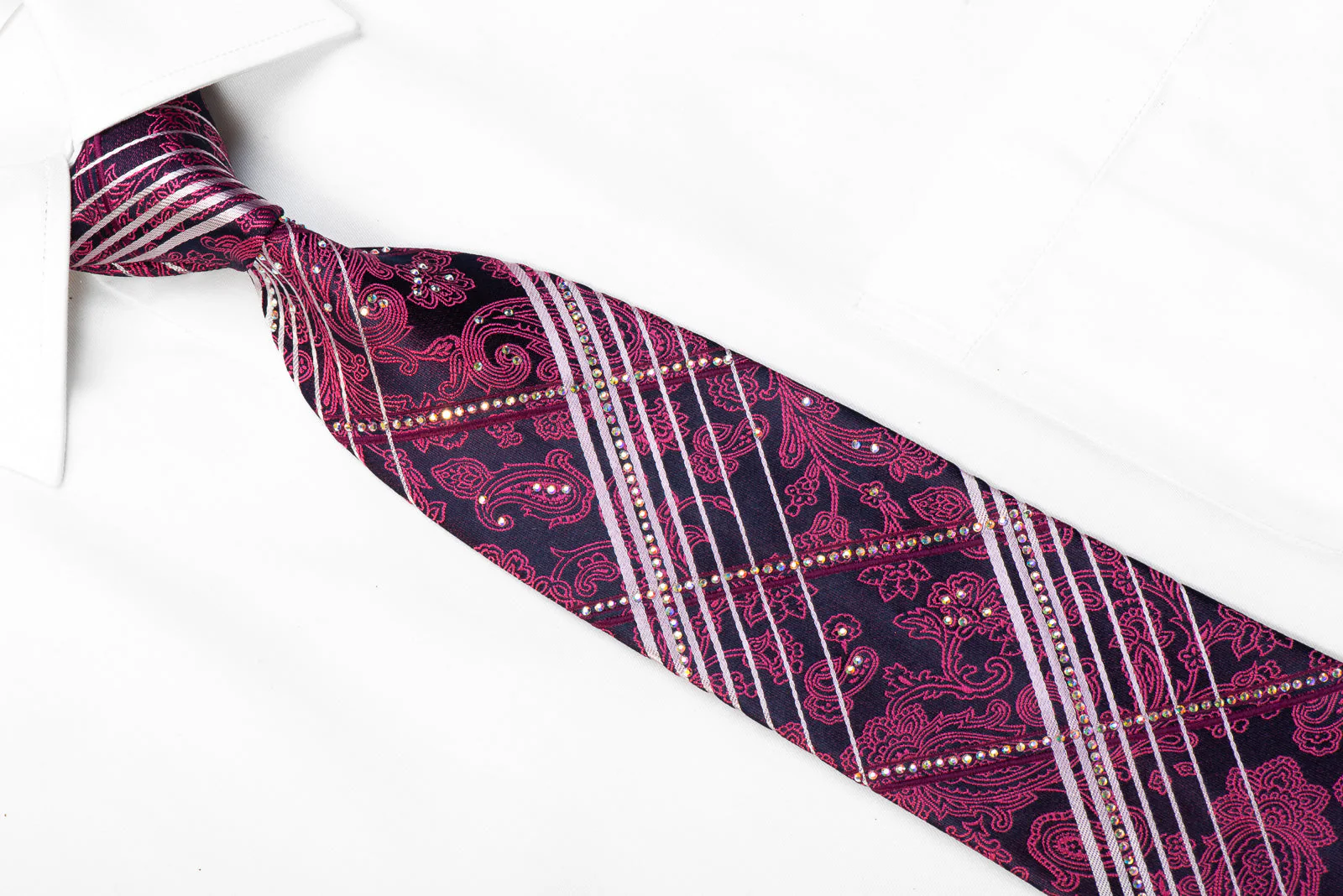 Vacci Rhinestone Silk Necktie Paisley Anthemion Silver Striped On Navy - Image 2