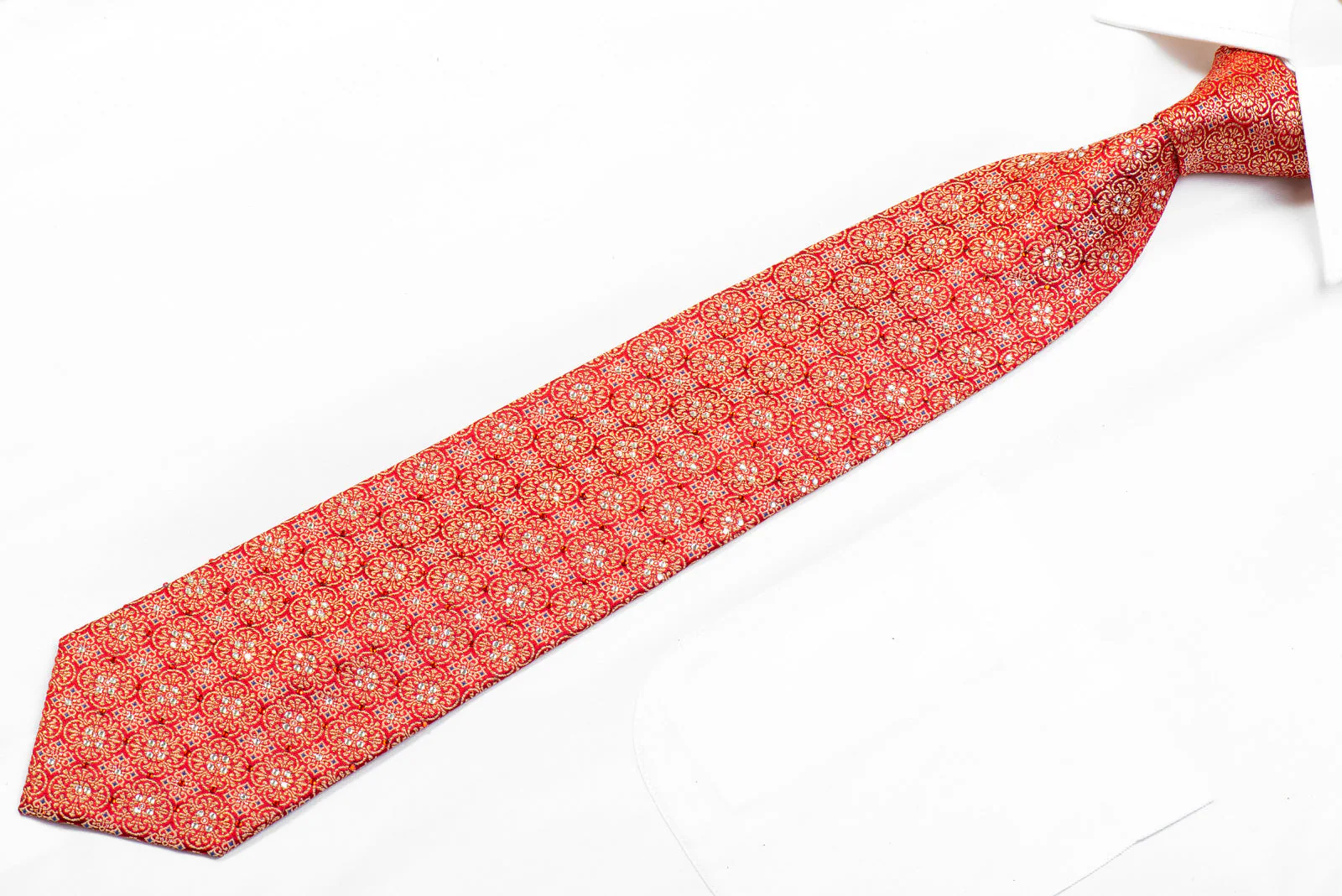 Valentino Rich Rhinestone Silk Tie Gold Cartouche On Red With Sparkles - Image 4