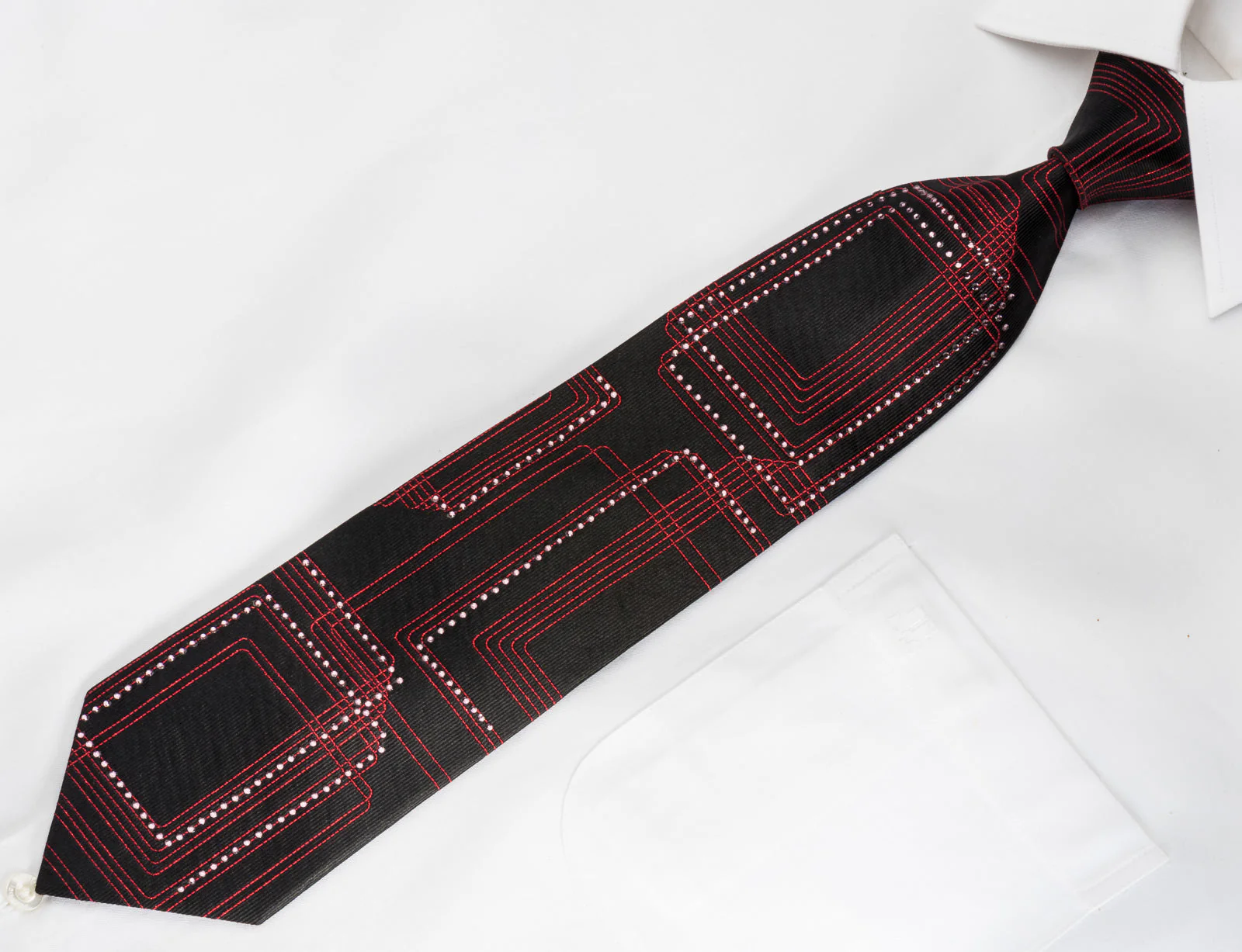 Valentino Rich Woven Silk Rhinestone Necktie Red Geometric On Black With Red Sparkles - Image 5