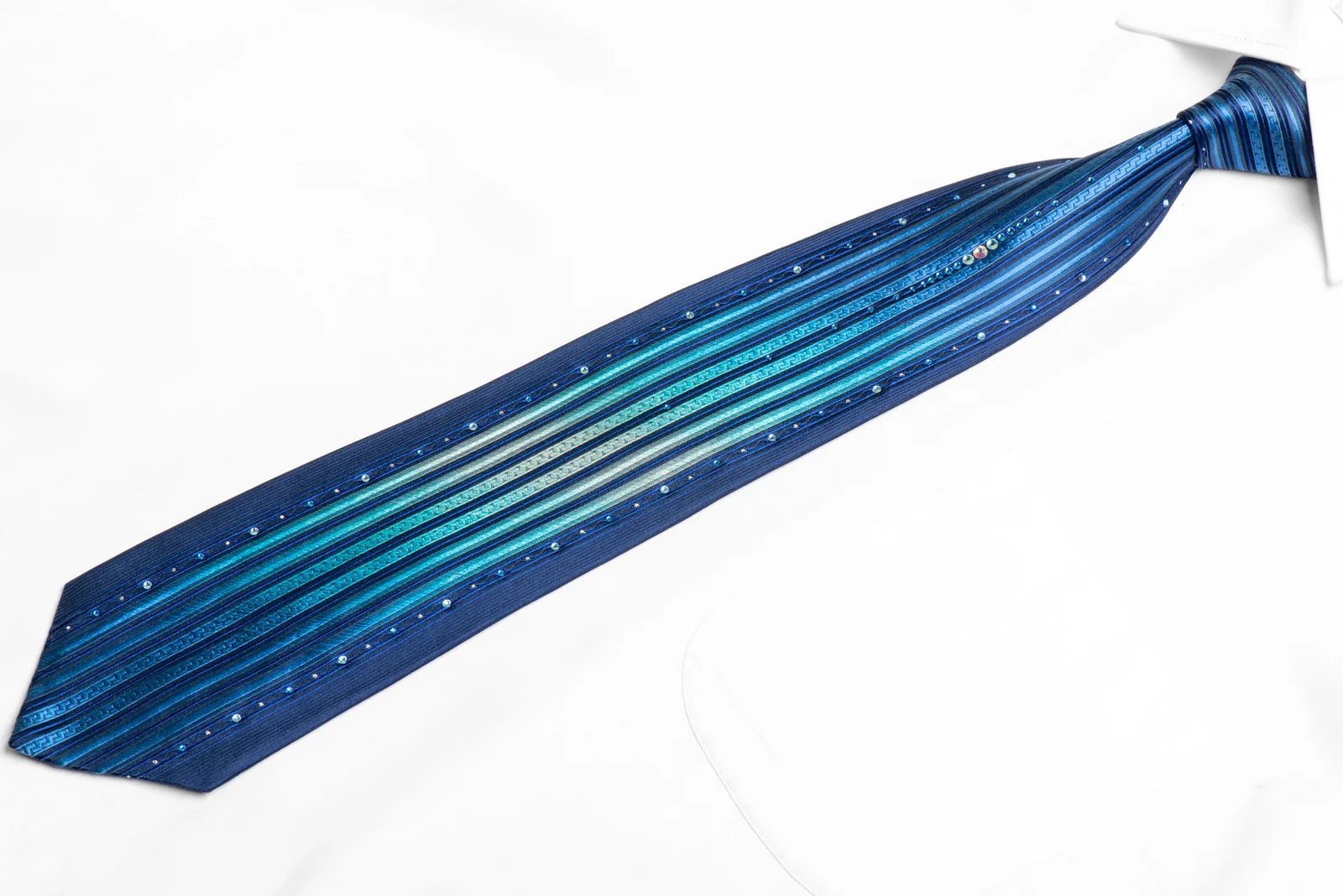 Vertical Striped On Blue Rhinestone Tie With Silver Sparkles - Image 4