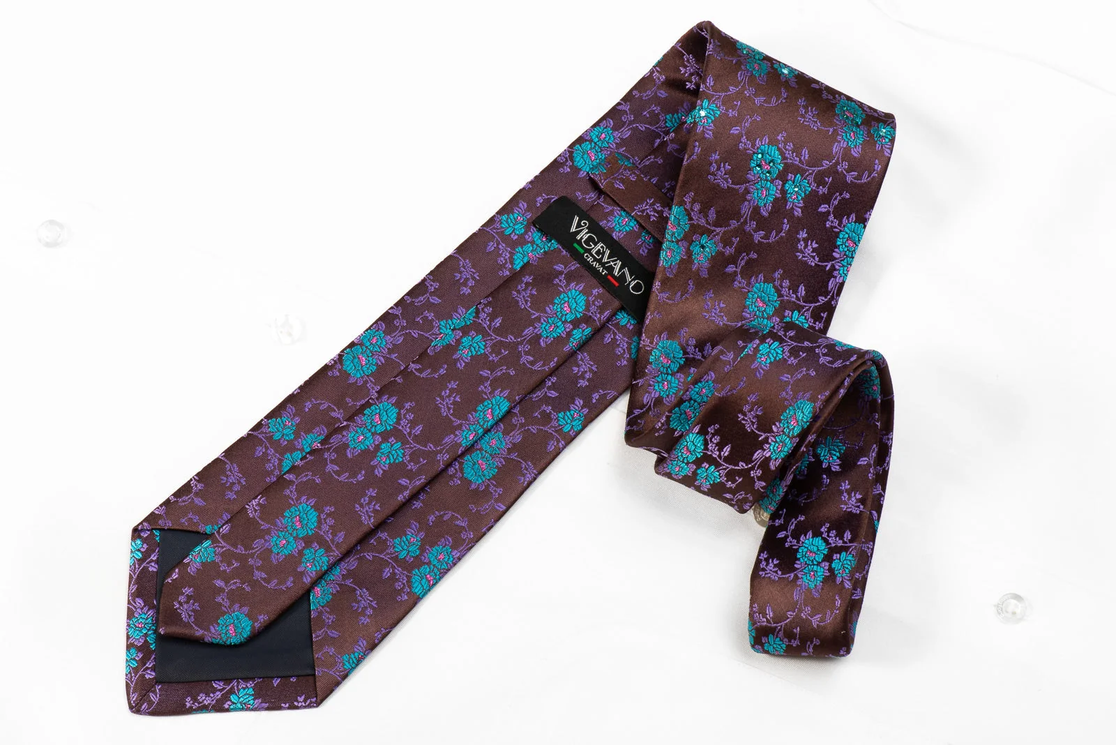 Vigevano Men's Crystal Necktie Blue Floral On Purple Brown With Sparkles - Image 4
