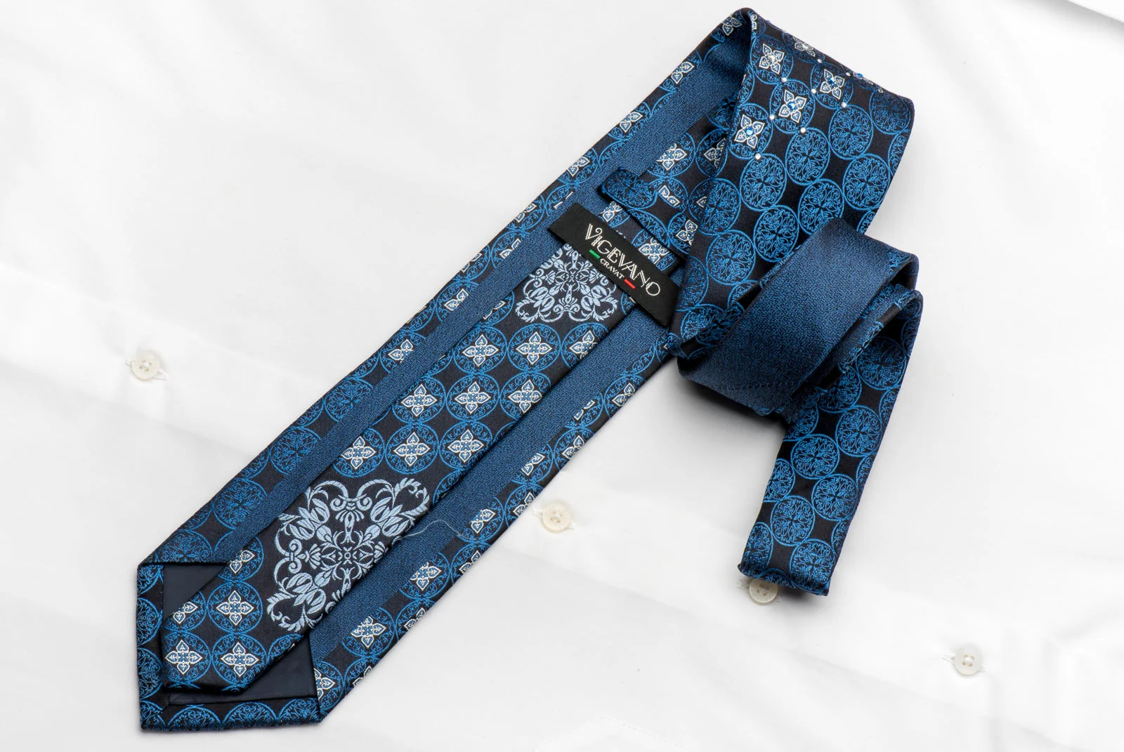Vigevano Men's Silk Necktie Cartouche Medallions On Navy Sparkling With Rhinestones - Image 4