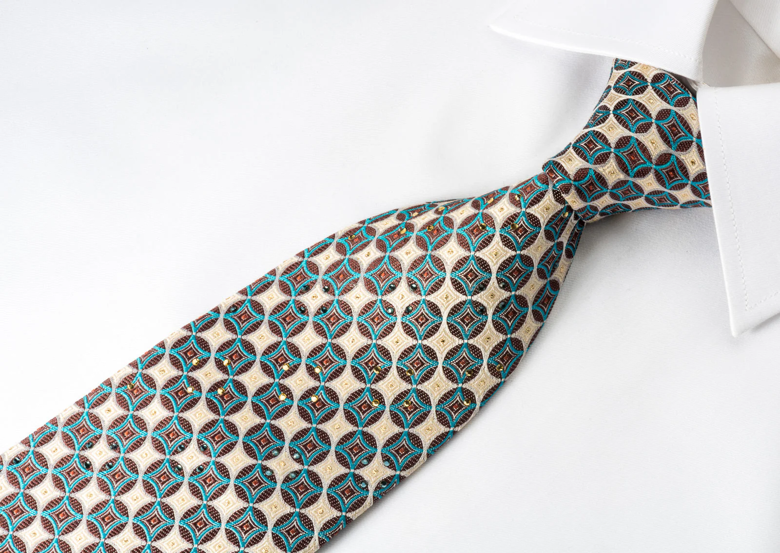 Vigevano Rhinestone Tie Brown Turquoise Geometric Circles On Silver Beige With Sparkles - Image 3