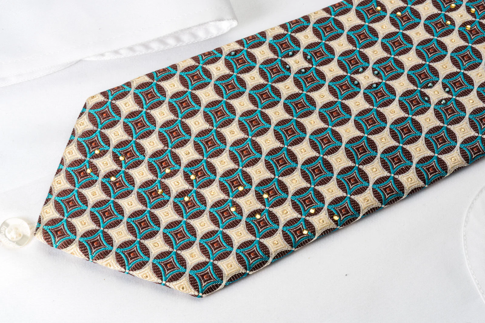 Vigevano Rhinestone Tie Brown Turquoise Geometric Circles On Silver Beige With Sparkles - Image 6