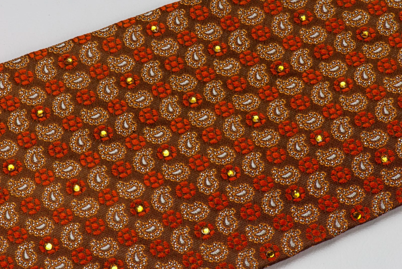 Vigevano Silk Necktie Orange Foulard Paisley On Brown With Rhinestones - Image 6