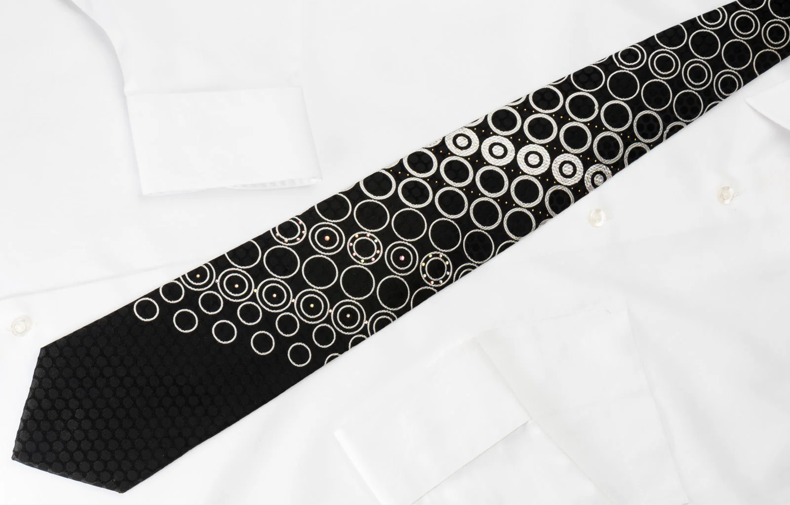 Vigevano Silk Rhinestone Tie Silver Geometric Circles On Black With Silver Sparkles - Image 8