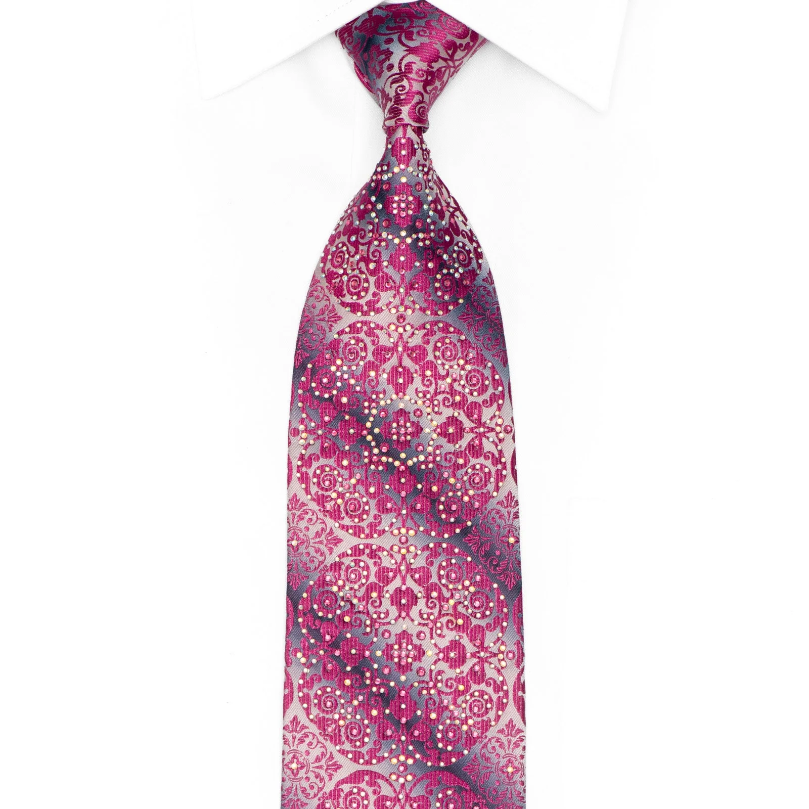 Violet Damask On Silver Rhinestone Silk Necktie