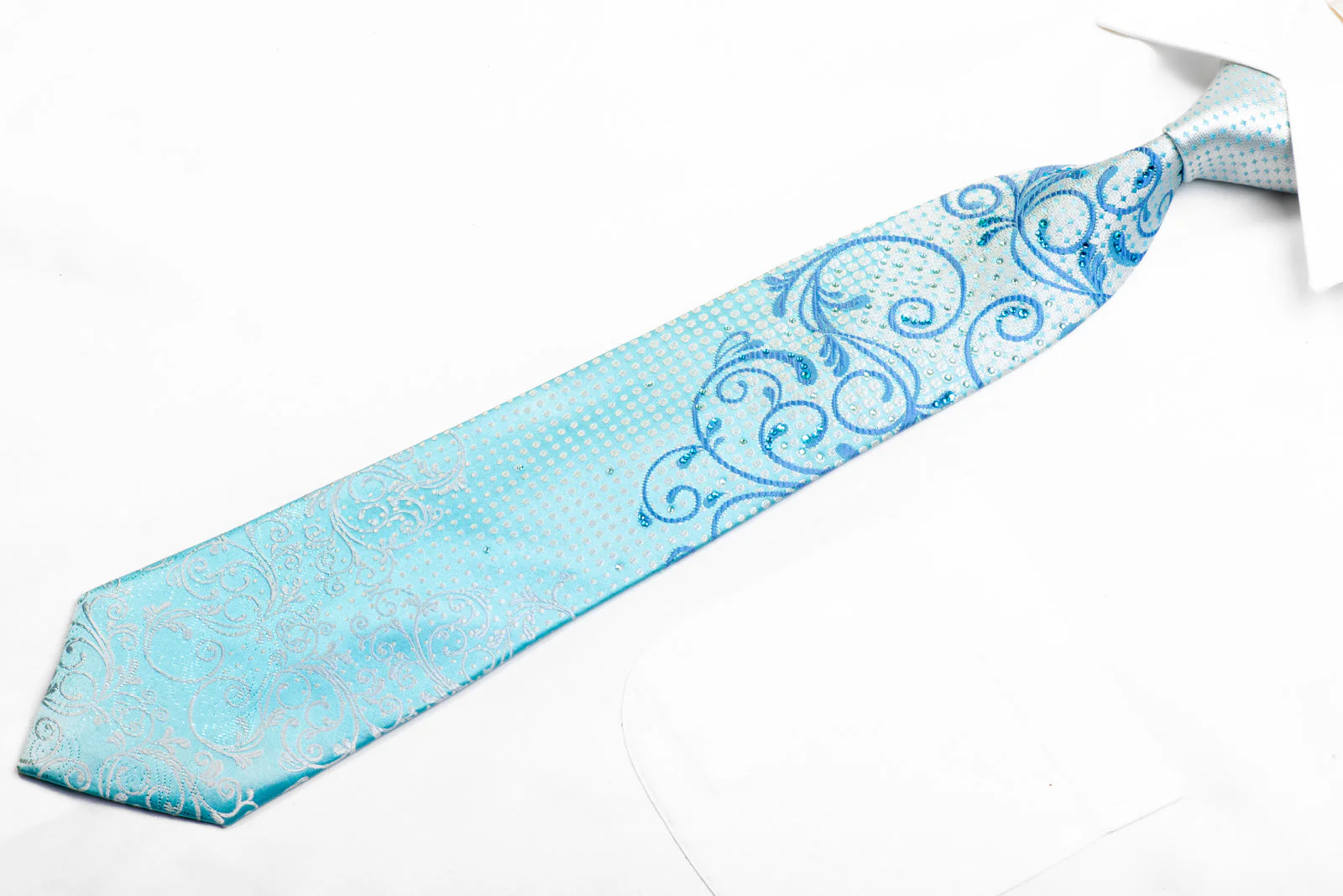 Vito Rufolo Crystal Rhinestone Silk Tie Silver Blue Scrolls On Pale Blue - Image 4