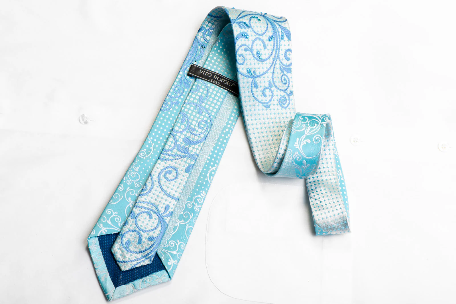 Vito Rufolo Crystal Rhinestone Silk Tie Silver Blue Scrolls On Pale Blue - Image 5