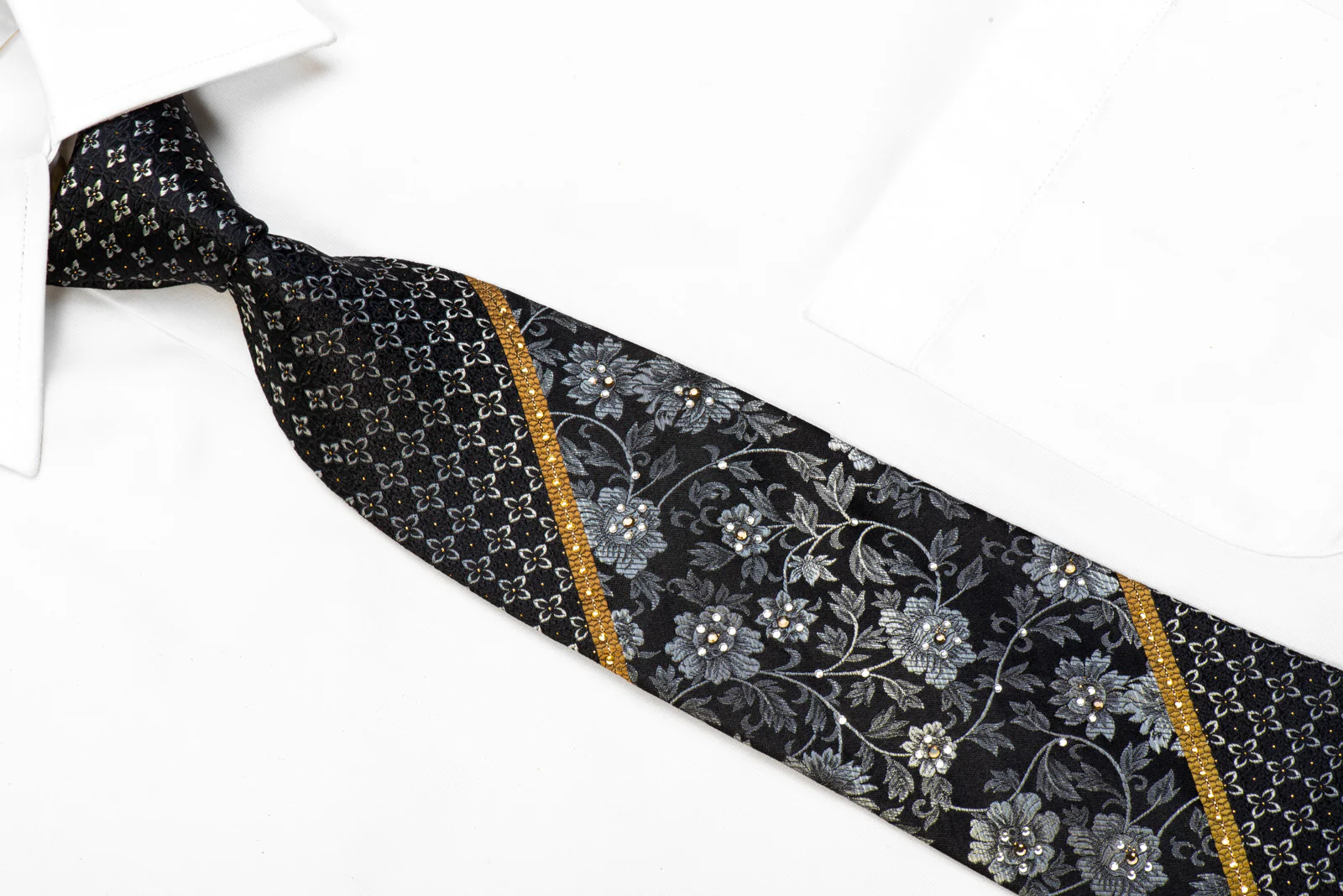 Vito Rufolo Crystal Rhinestone Silk Tie Silver Floral On Black With Gold Sparkles - Image 2