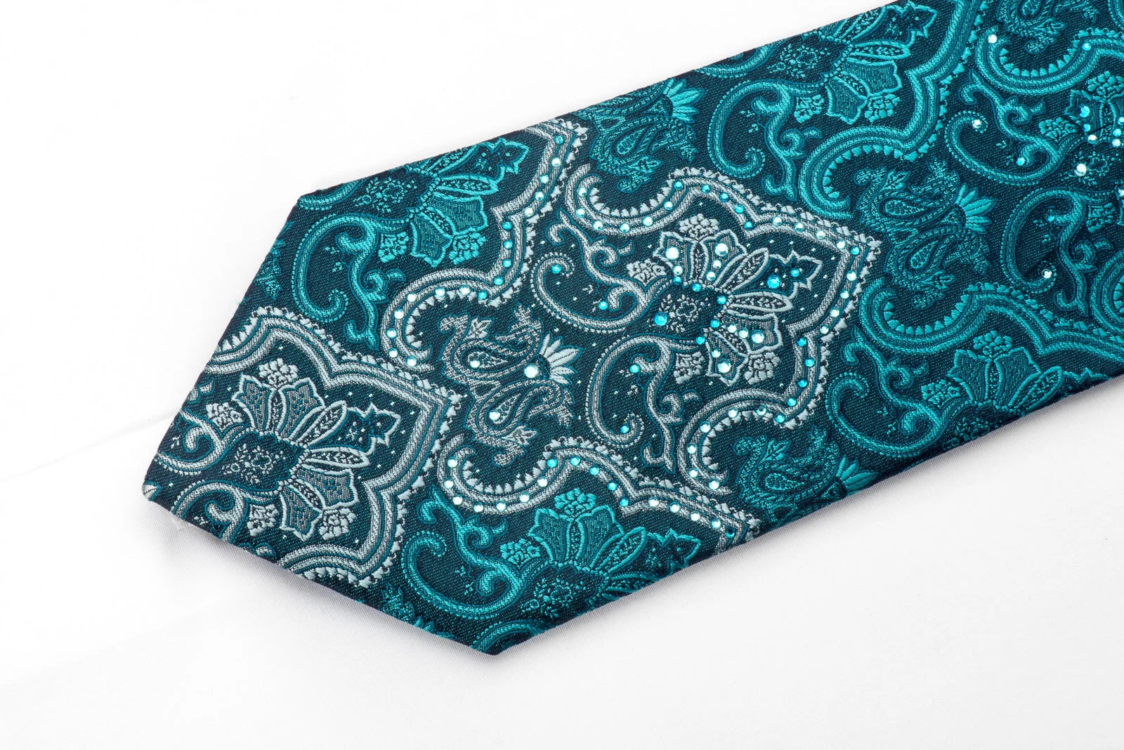 Vito Rufolo Men's Crystal Rhinestone Silk Necktie Damask On Teal With Silver Sparkles - Image 3