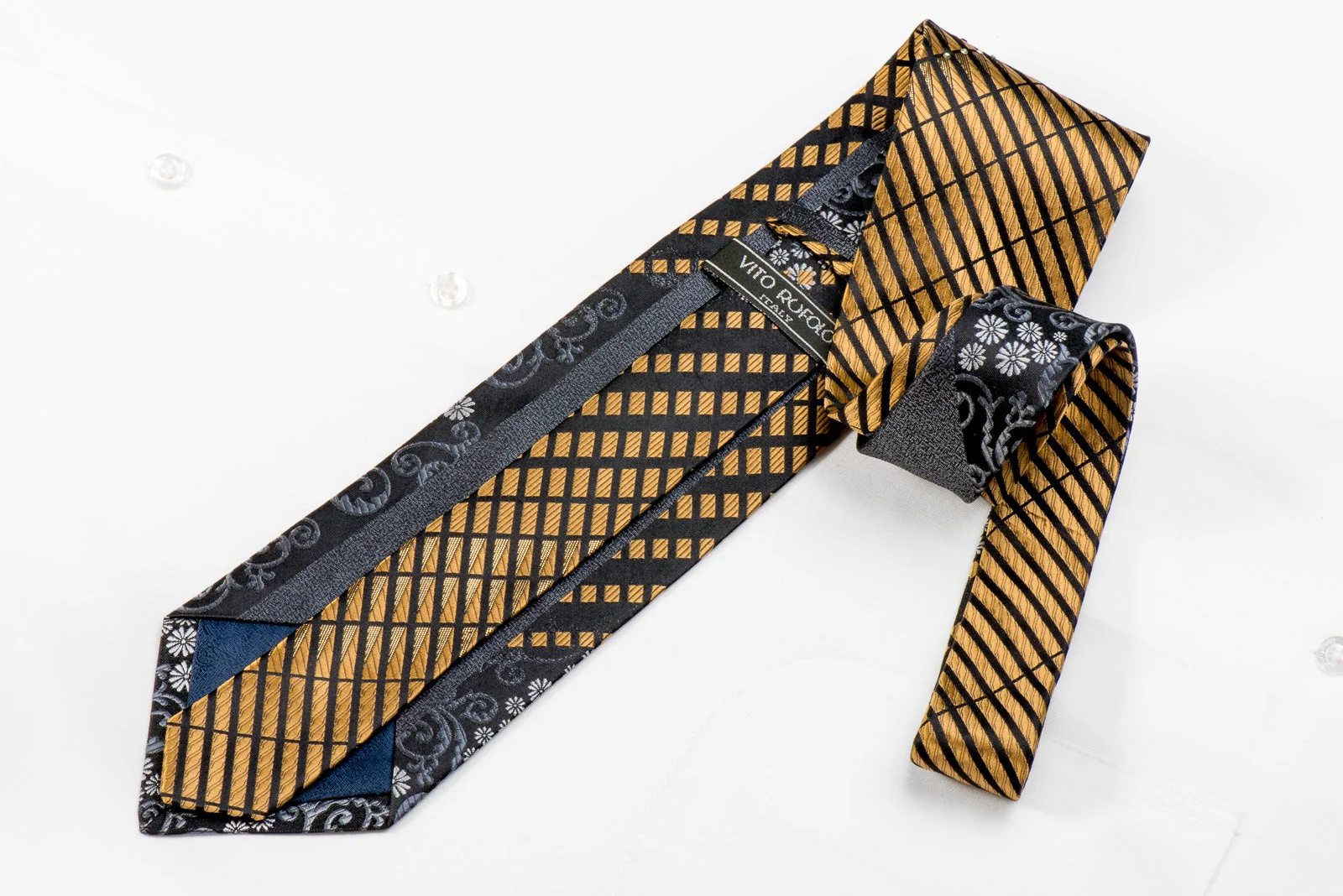 Vito Rufolo Men's Crystal Silk Necktie Gold Stripes Silver Floral On Black With Gold Sparkles - Image 6