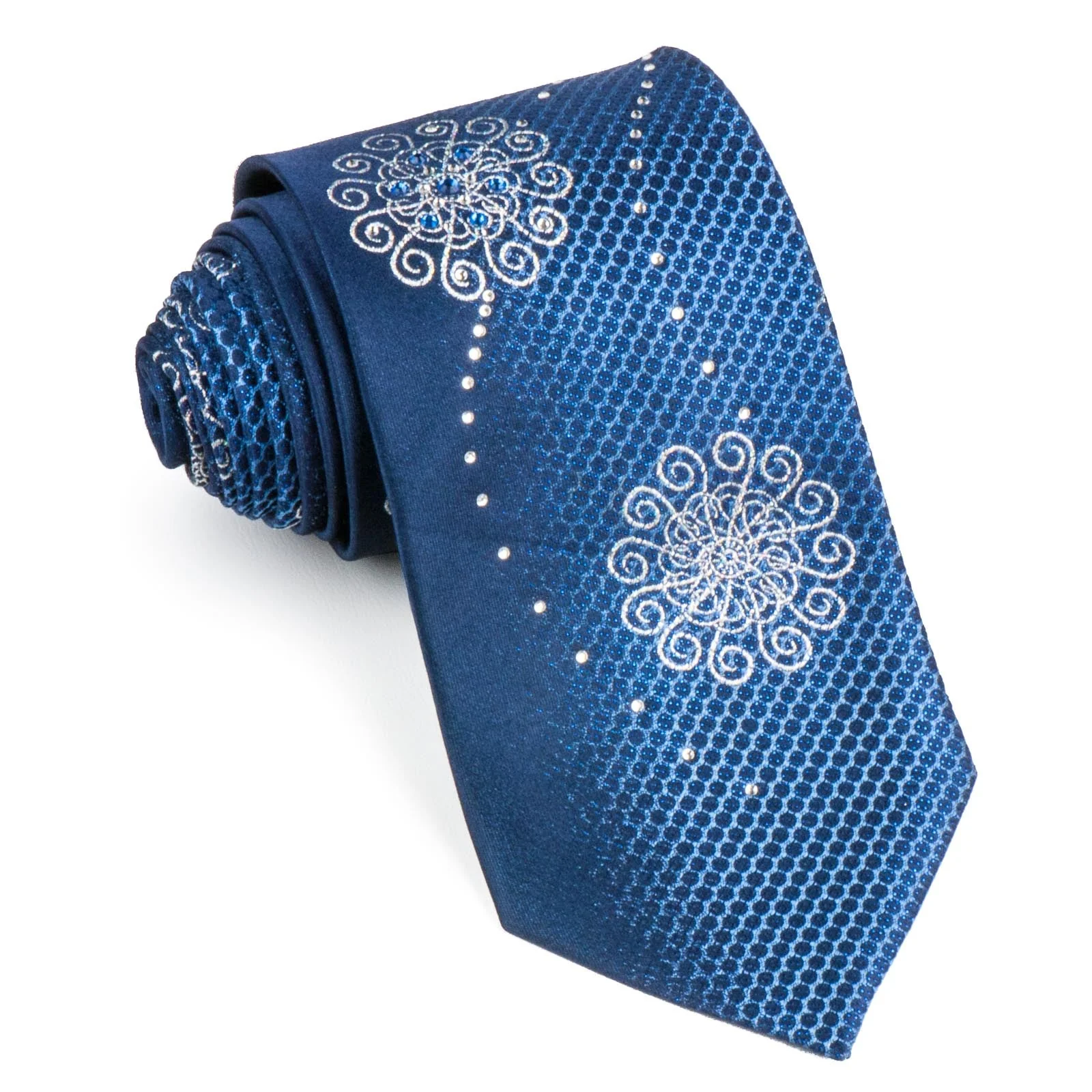 Vito Rufolo Men's Neck Tie Silver Medallions On Blue Silk With Rhinestones