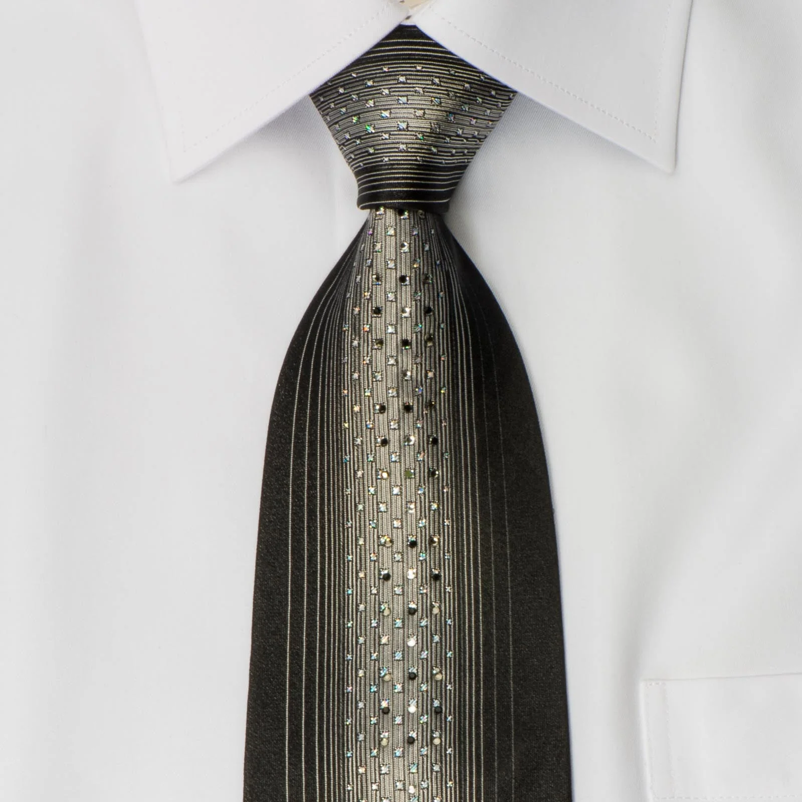 Vito Rufolo Men's Silk Rhinestone Necktie Silver Vertical Stripes On Black With Sparkles - Image 4