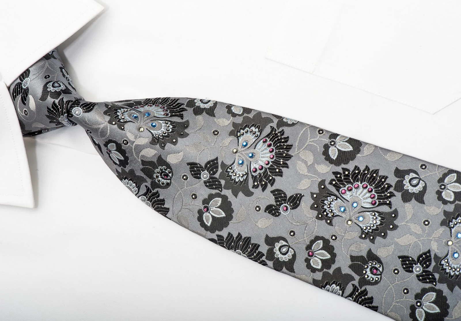Vito Rufolo Men's Silk Tie Anthemion On Silver Sparkling With Rhinestones - Image 3