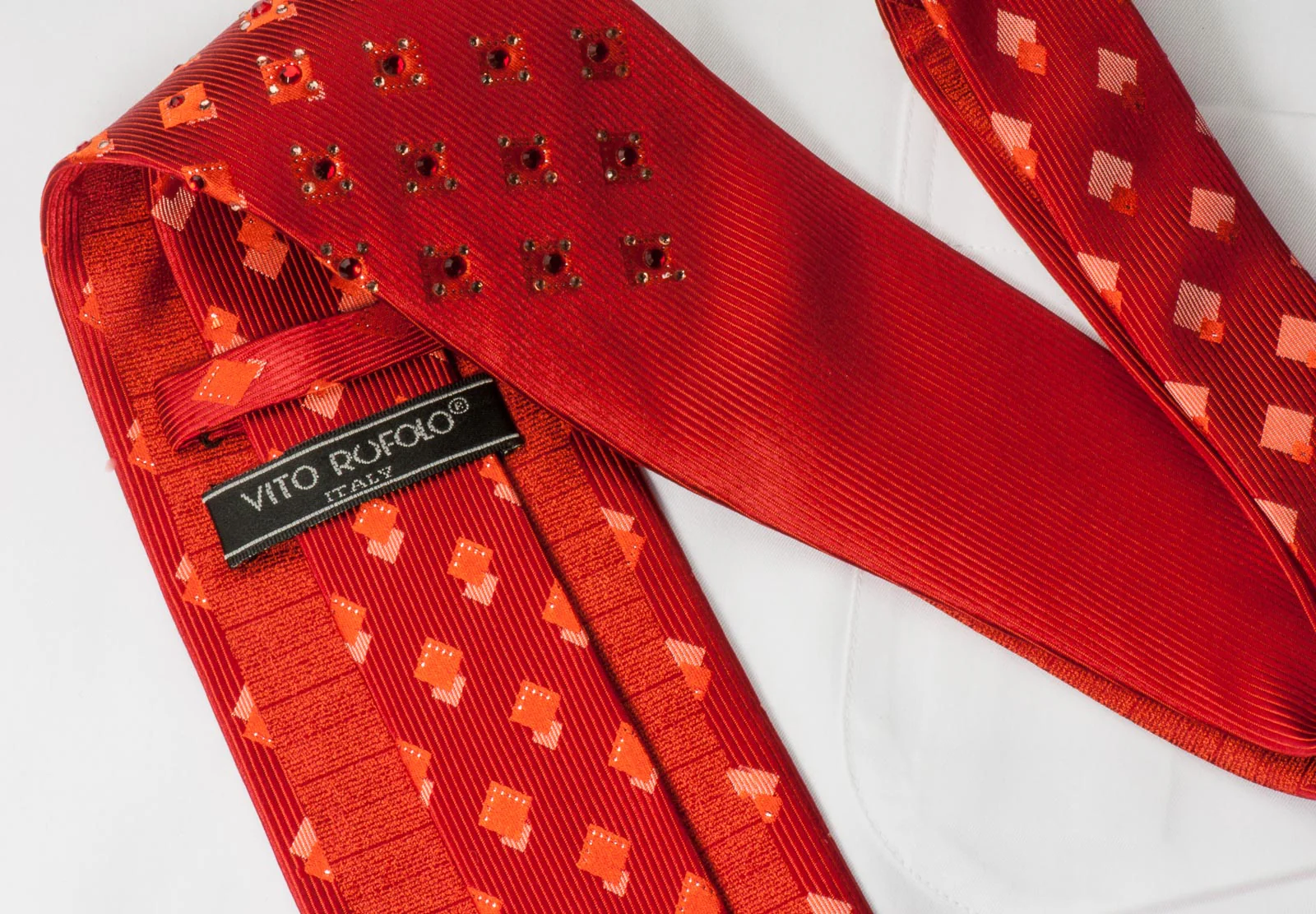 Vito Rufolo Mens Rhinestone Silk Necktie Geometric Design On Copper Red - Image 2
