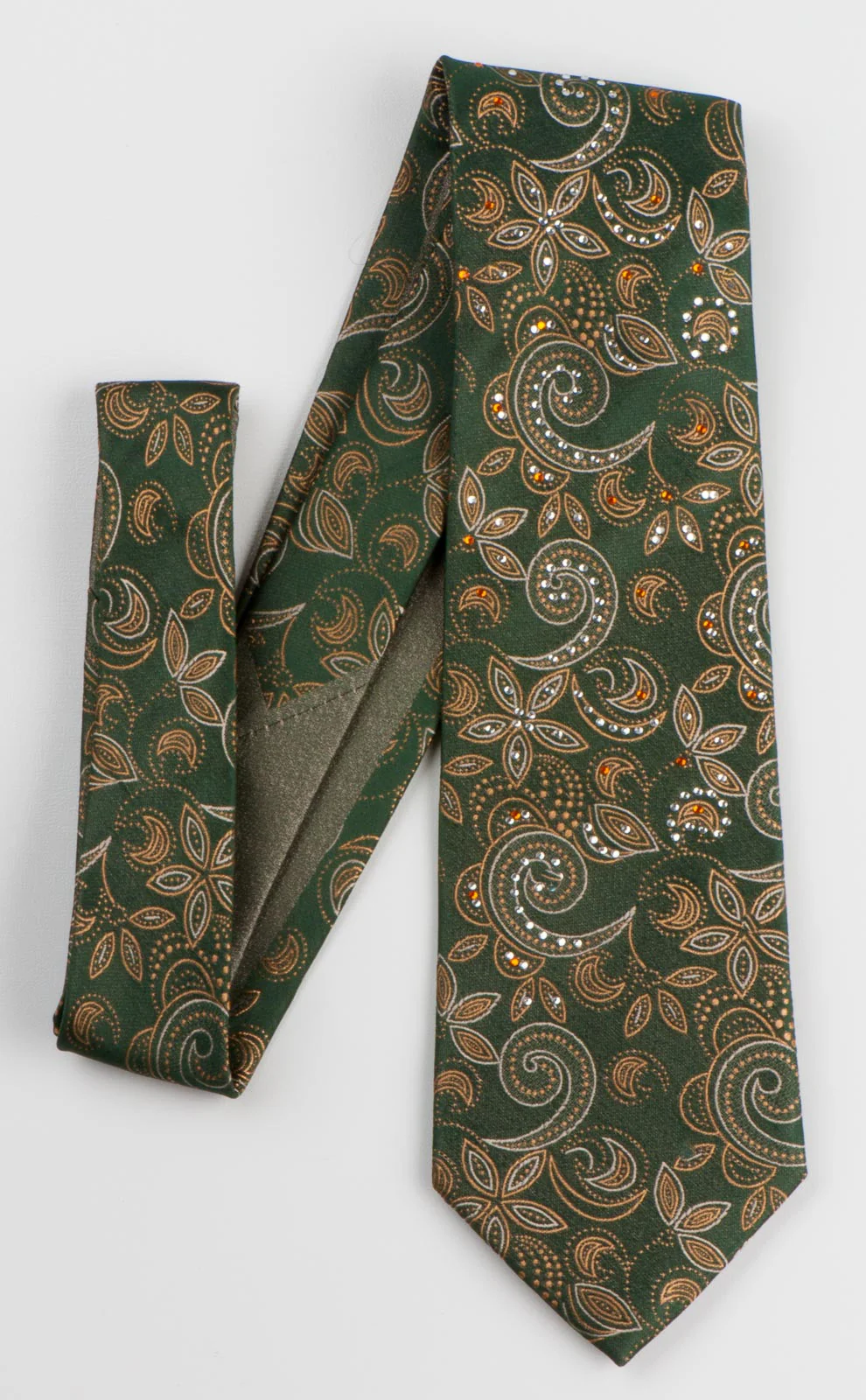 Vito Rufolo Mens Silk Rhinestone Tie Yellow Paisley On Khaki Green Necktie - Image 2