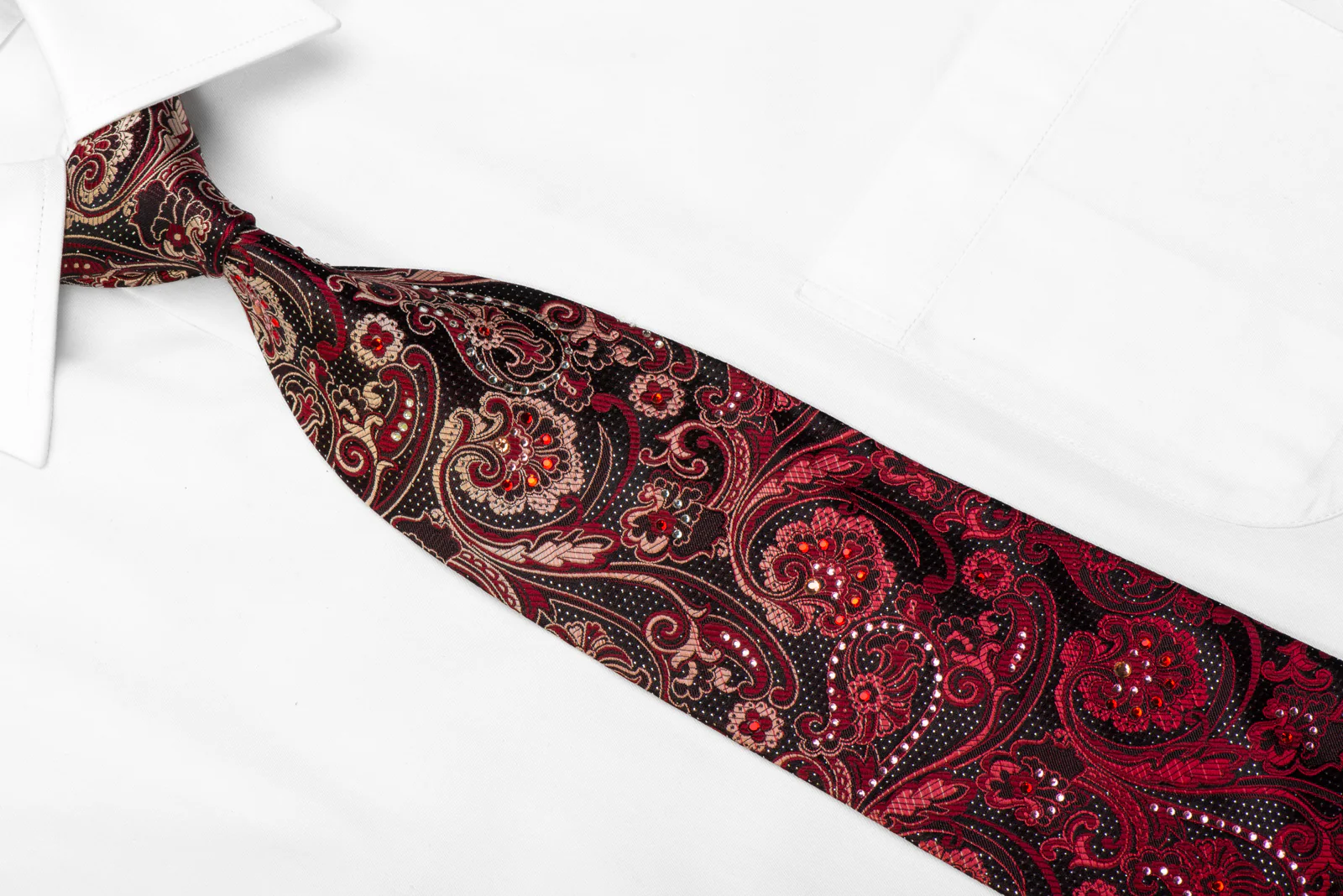 Vito Rufolo Rhinestone Silk Necktie Burgundy Anthemion Paisley On Black With Sparkles - Image 2
