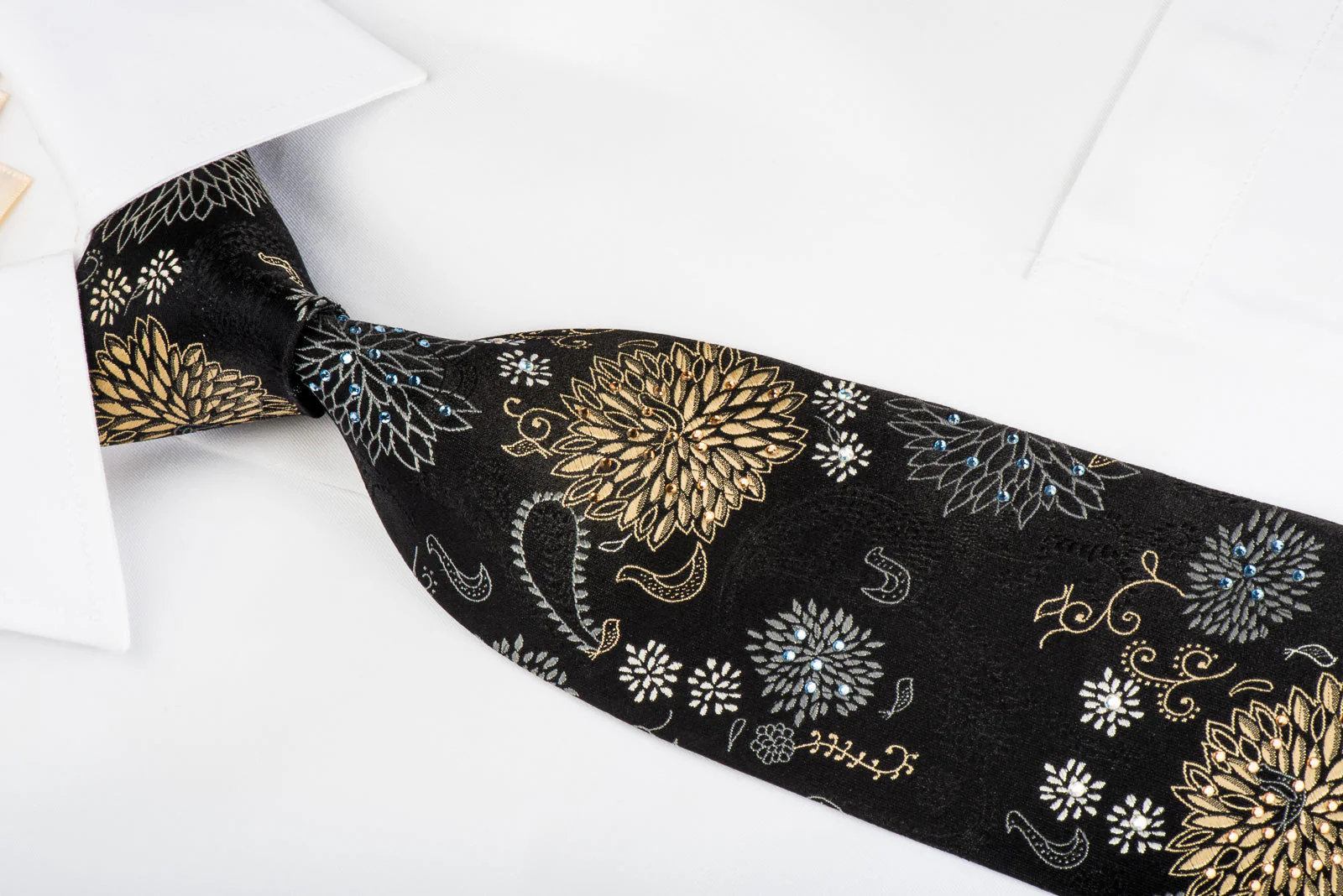 Vito Rufolo Rhinestone Silk Necktie Gold Silver Floral On Black - Image 2