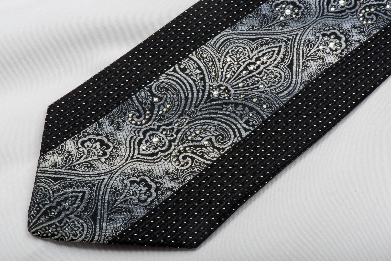 Vito Rufolo Rhinestone Silk Necktie Silver Damask On Black With Sparkles - Image 2