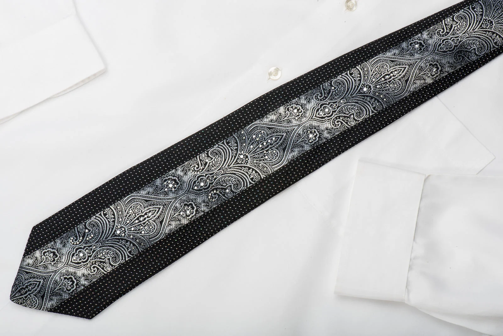 Vito Rufolo Rhinestone Silk Necktie Silver Damask On Black With Sparkles - Image 7
