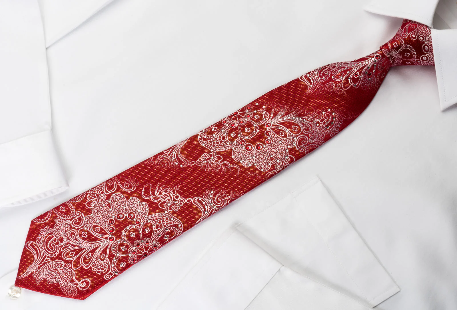 Vito Rufolo Rhinestone Silk Necktie Silver Floral Paisley On Red With Golden Sparkles - Image 3
