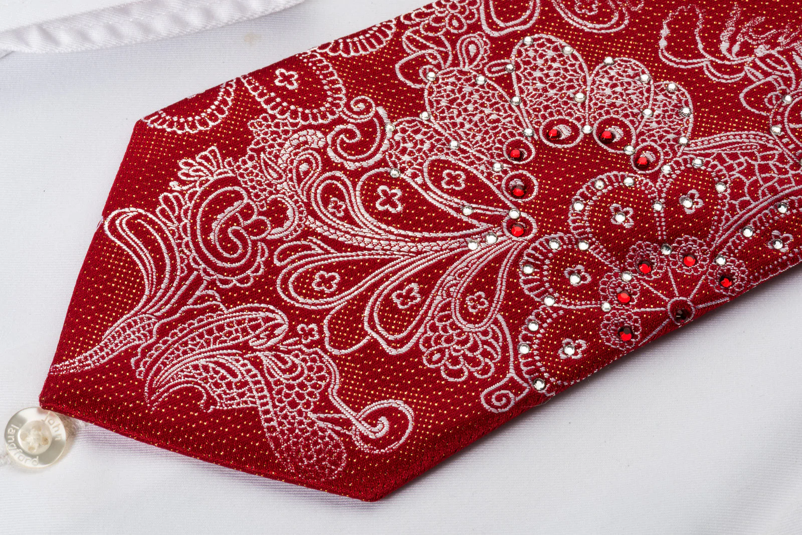 Vito Rufolo Rhinestone Silk Necktie Silver Floral Paisley On Red With Golden Sparkles - Image 5