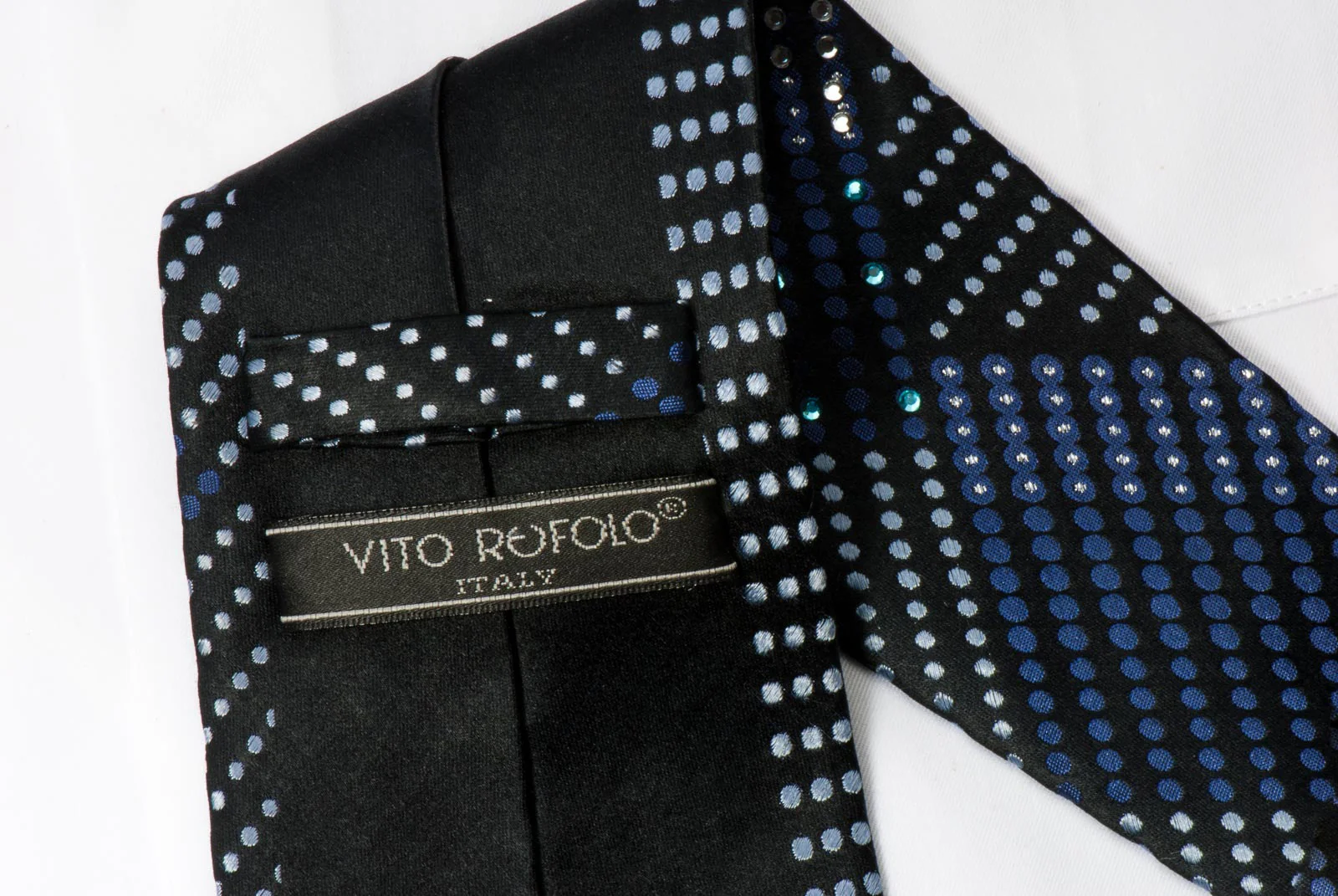 Vito Rufolo Rhinestone Tie Silver & Blue Geometric Dots On Navy Blue With Silver Sparkles - Image 3