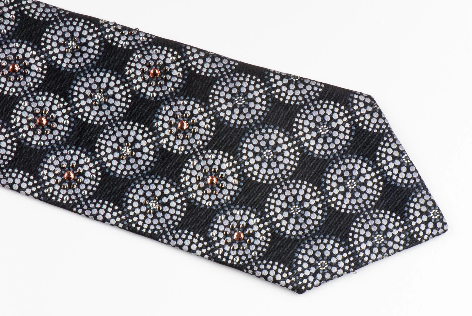 Vito Rufolo Silk Necktie Silver Medalions On Black With Sparkles & Rhinestones - Image 7