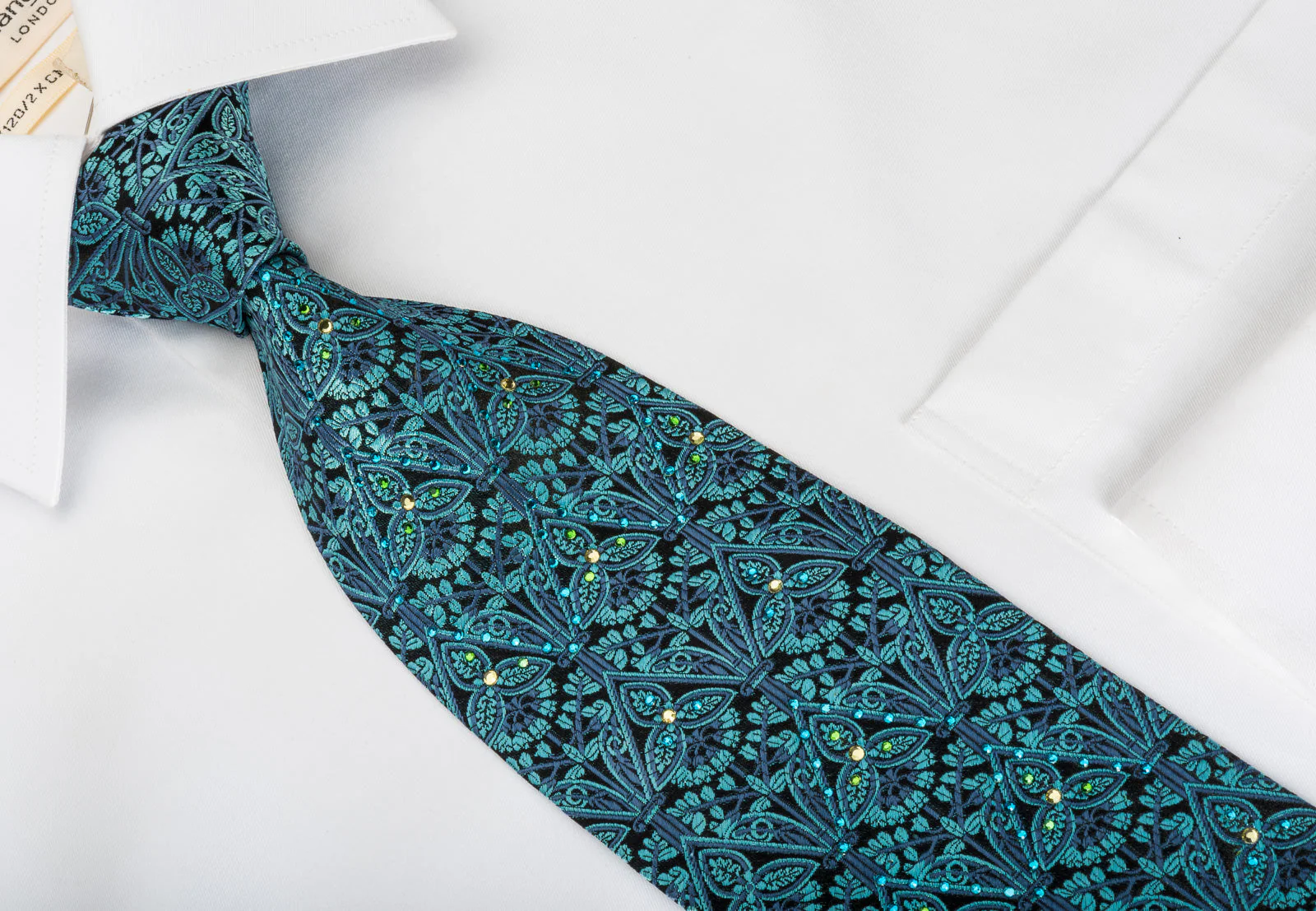 Vito Rufolo Silk Tie Turquoise Baroque On Navy With Crystal Rhinestones - Image 5