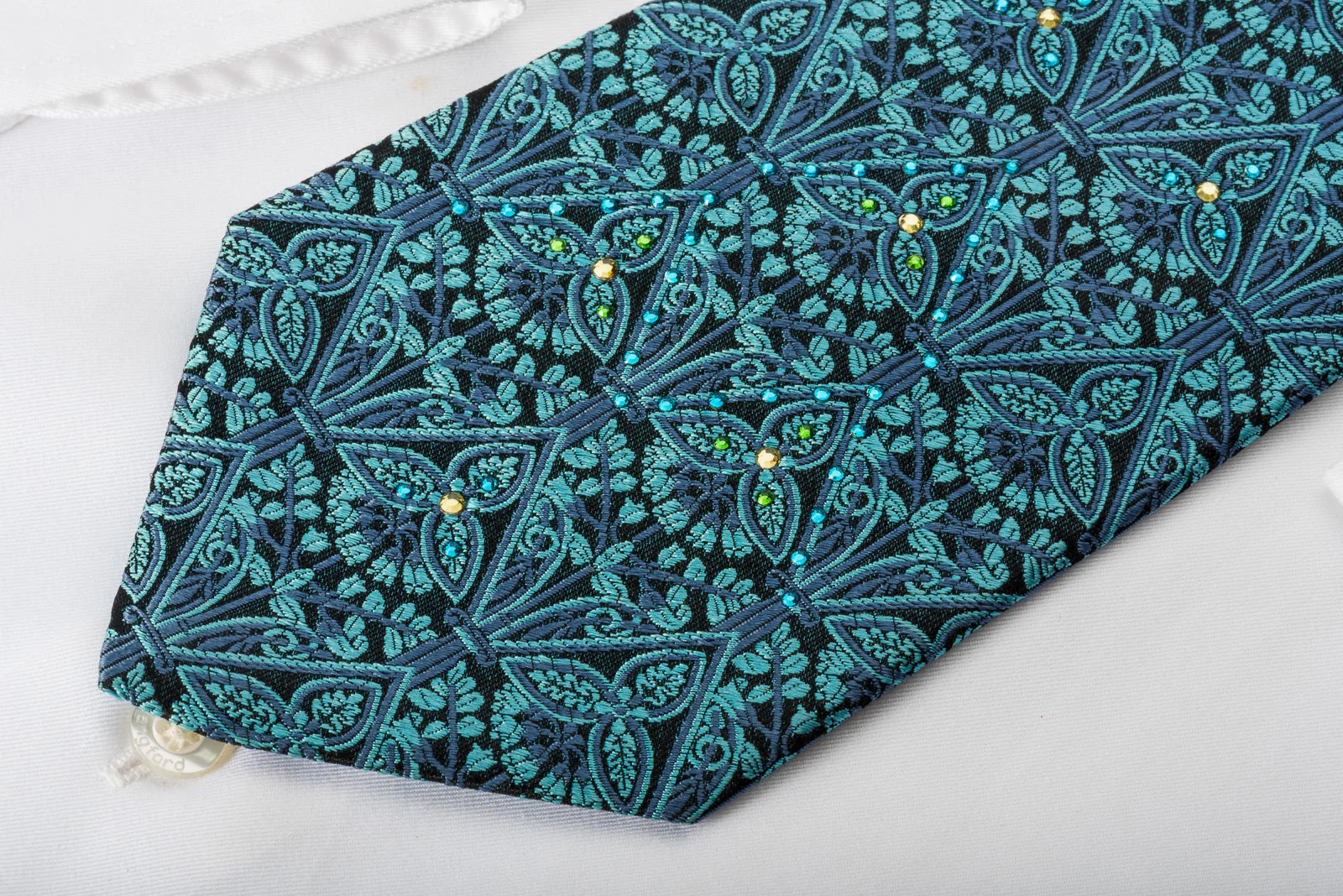 Vito Rufolo Silk Tie Turquoise Baroque On Navy With Crystal Rhinestones - Image 6