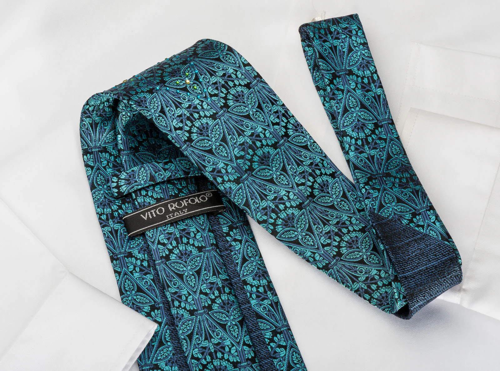 Vito Rufolo Silk Tie Turquoise Baroque On Navy With Crystal Rhinestones - Image 8