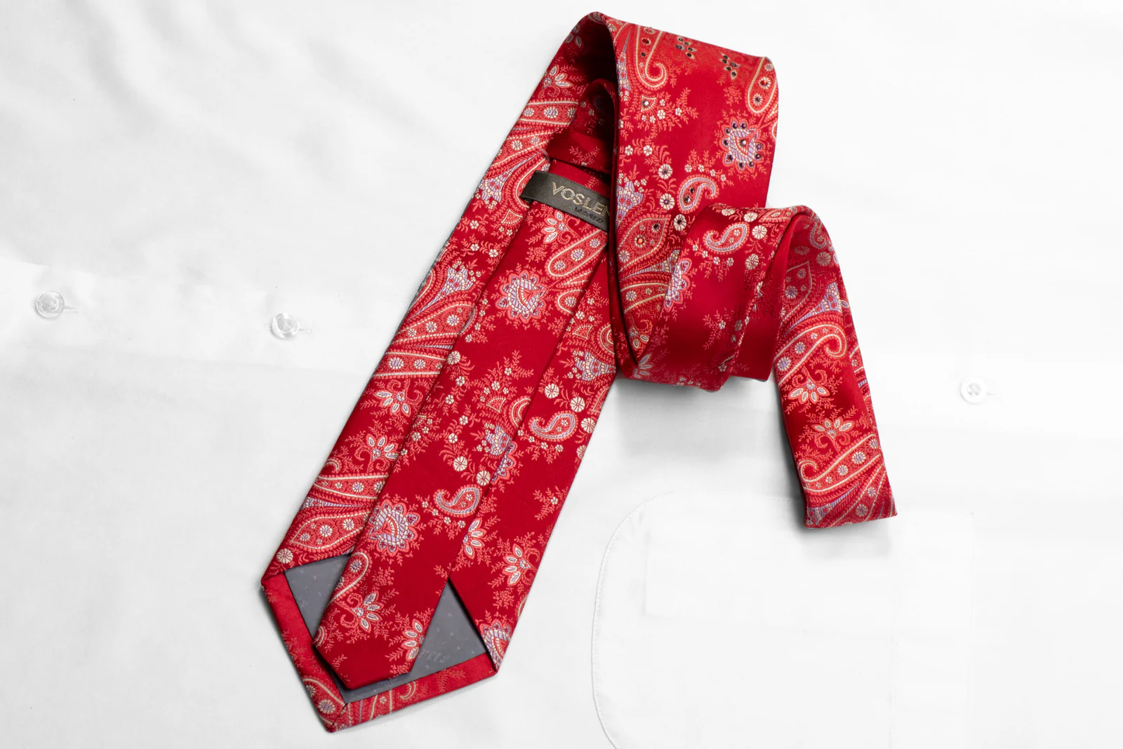 Voslenza Rhinestone Silk Tie Silver Paisley On Red With Silver Sparkles - Image 4