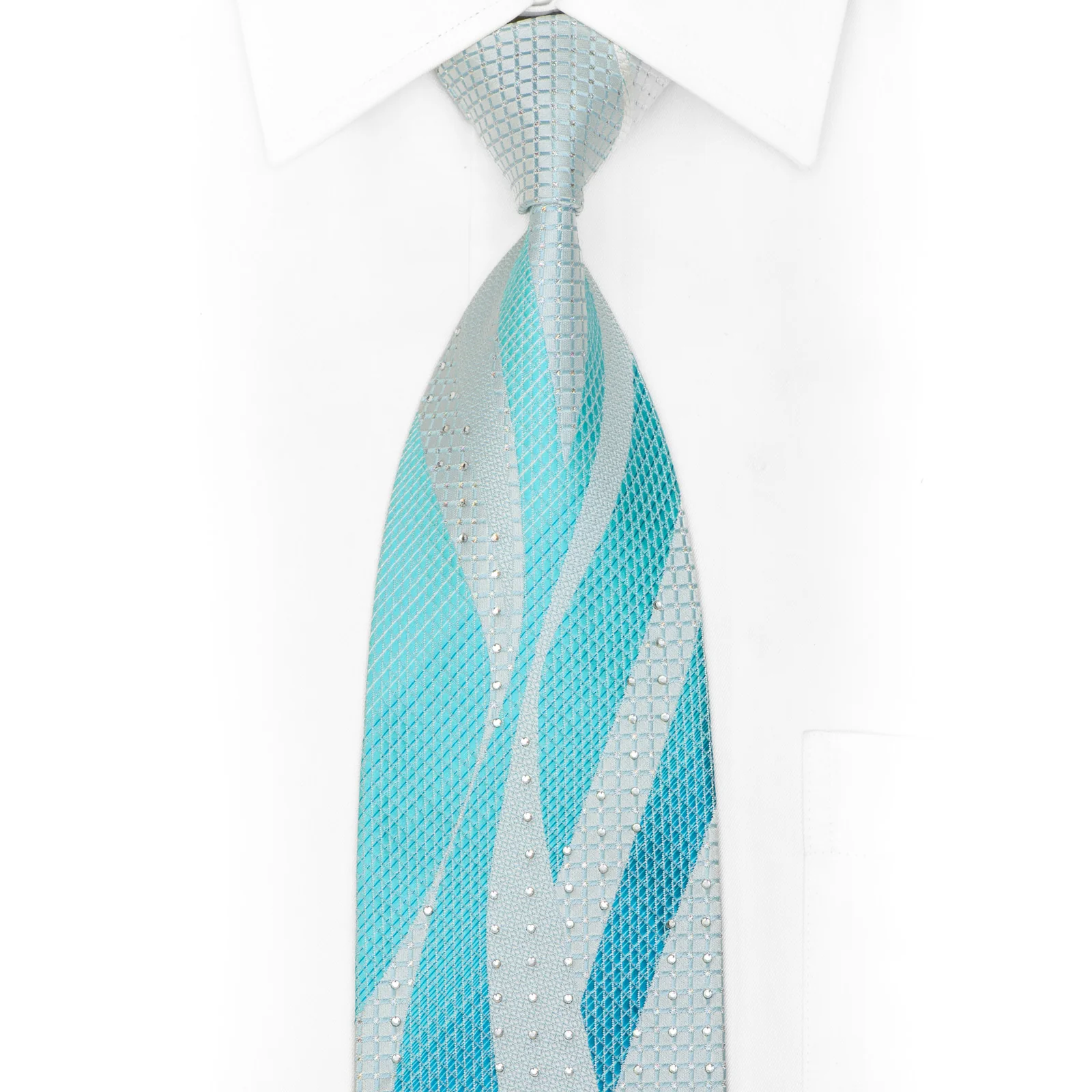 Waves On Pale Blue Rhinestone Silk Necktie With Silver Sparkles