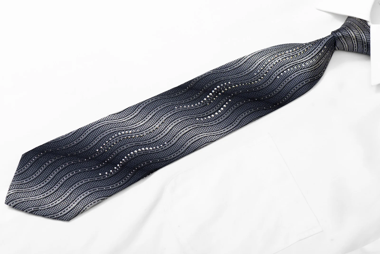 Waves On Silver Rhinestone Silk Necktie With Silver Sparkles - Image 3