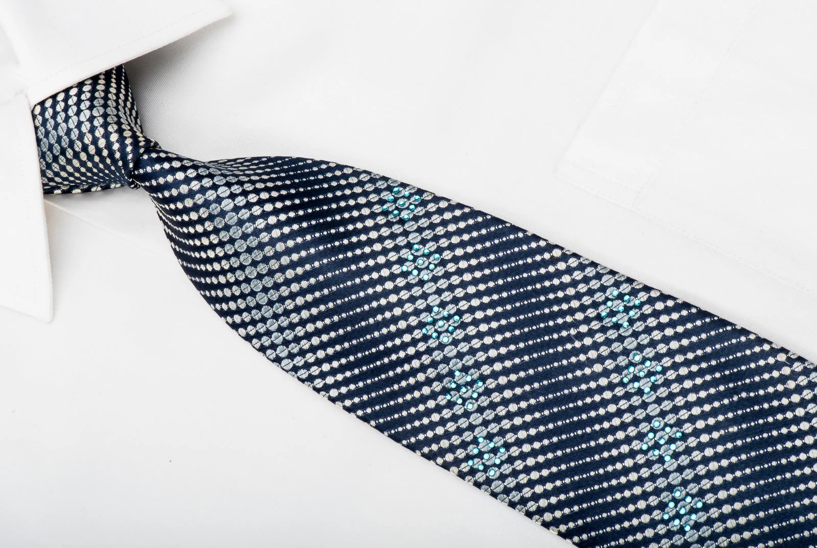 Win All Mens Rhinestone Silk Necktie Silver Dots on Navy With Silver Sparkles - Image 2