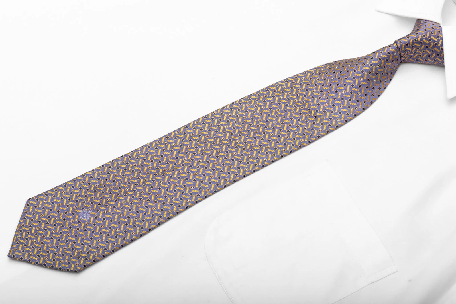Yellow Geometric On Blue Rhinestone Tie With Silver Sparkles - Image 3