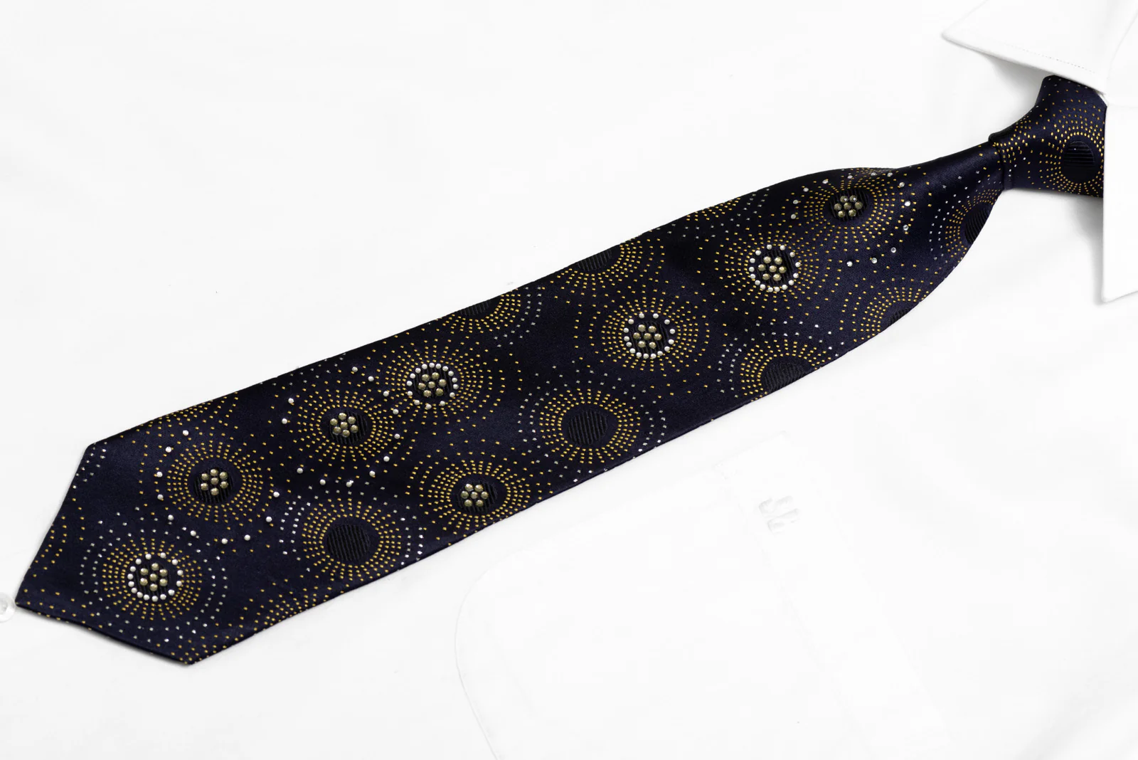 Yellow Geometric On Navy Rhinestone Silk Necktie With Silver Sparkles - Image 3