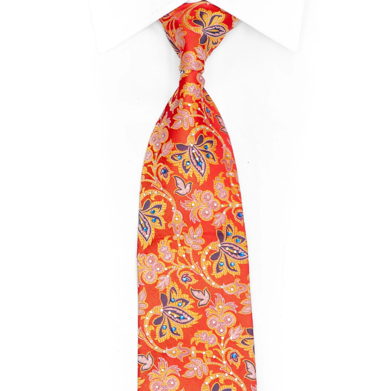 Yellow Purple Floral Acanthus On Red Rhinestone Tie