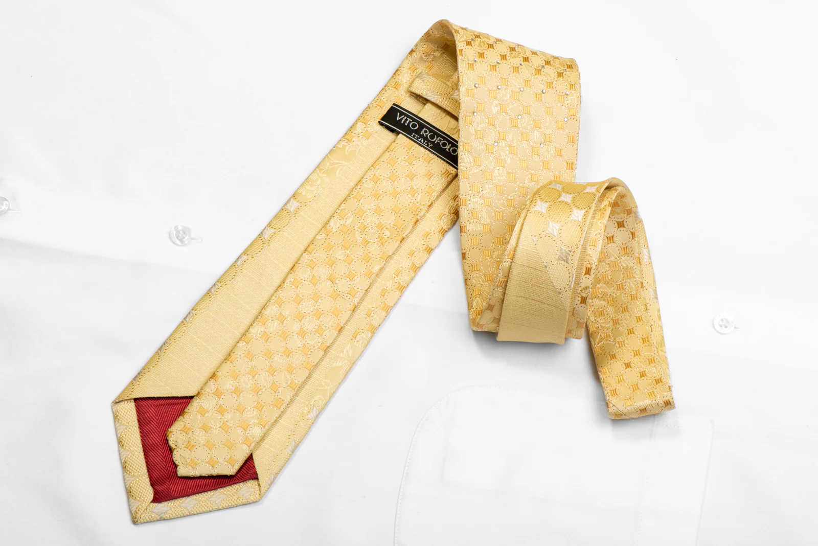 Yellow Rhinestone Silk Necktie Geometric Floral On Yellow With Gold Sparkles - Image 4