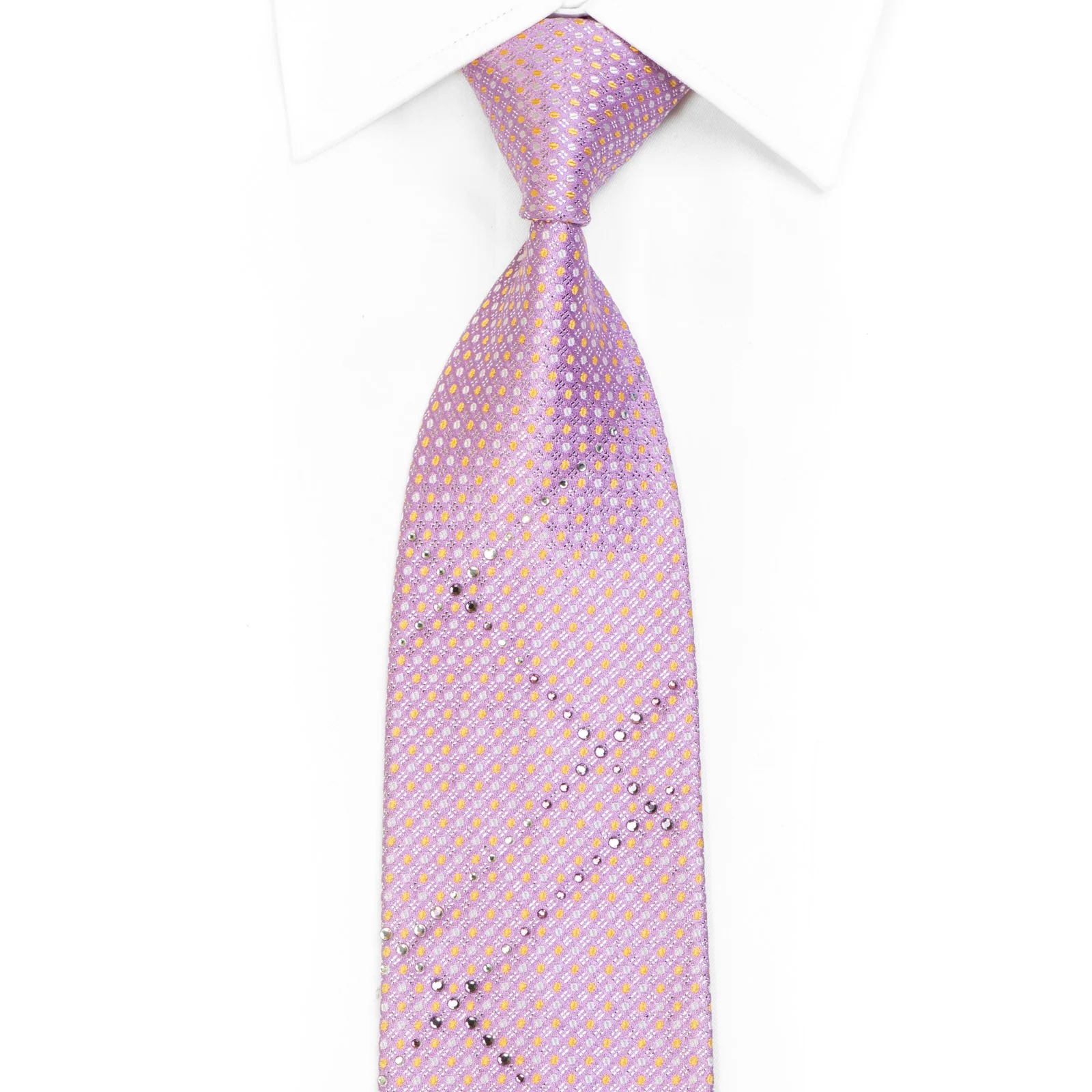 Yellow Silver Micro Dots On Mauve Rhinestone Silk Necktie With Sparkles